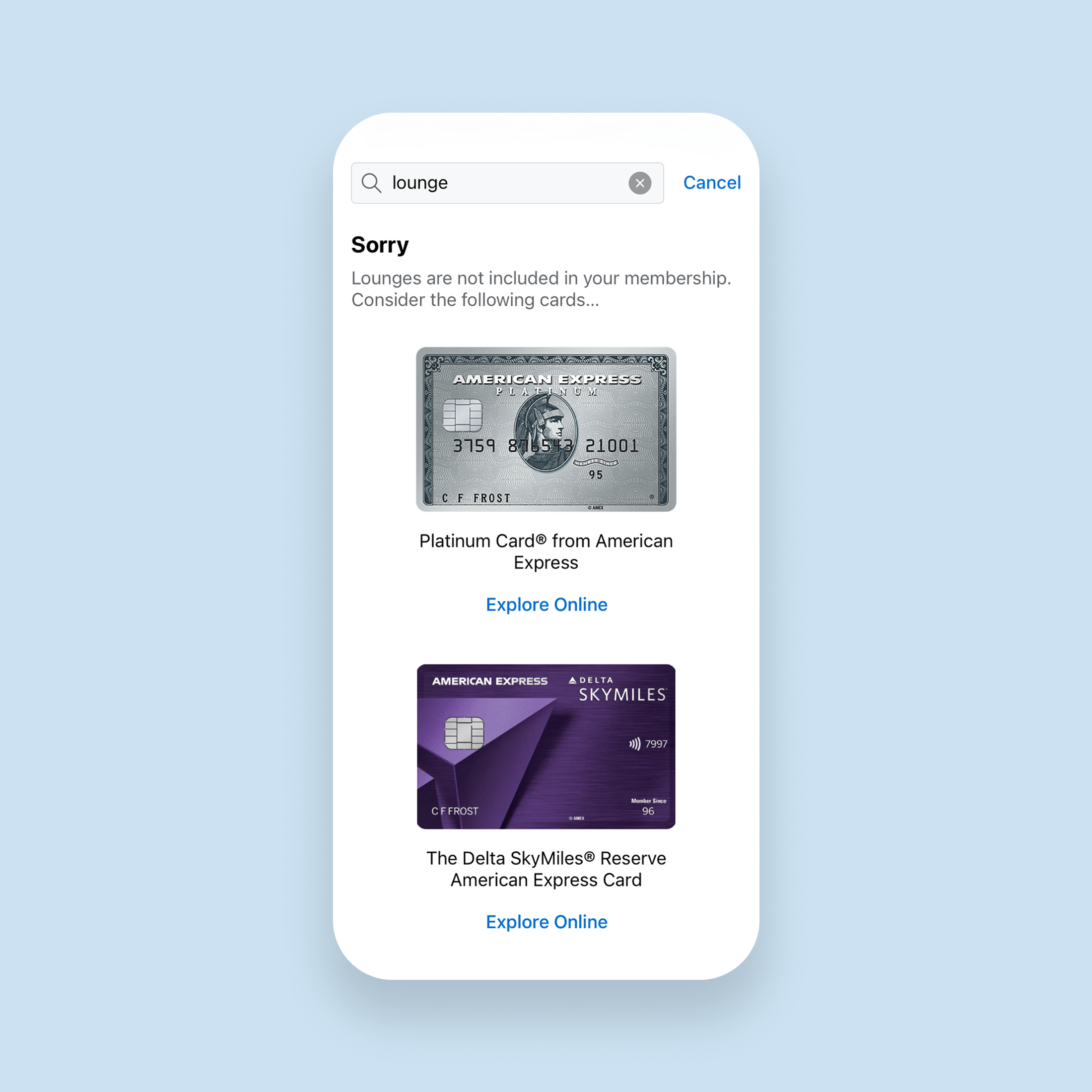 Upsell screen for an ineligible card benefit search result