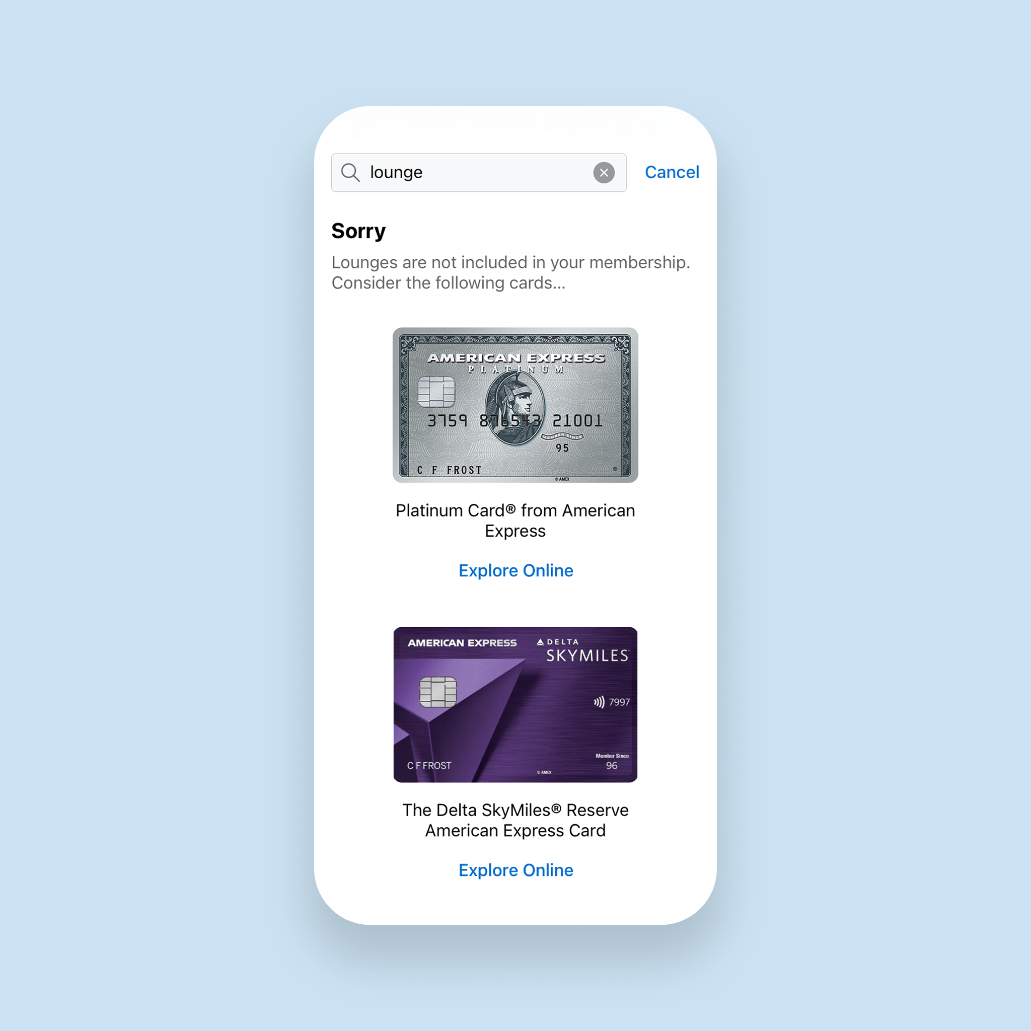 Upsell screen for an ineligible card benefit search result