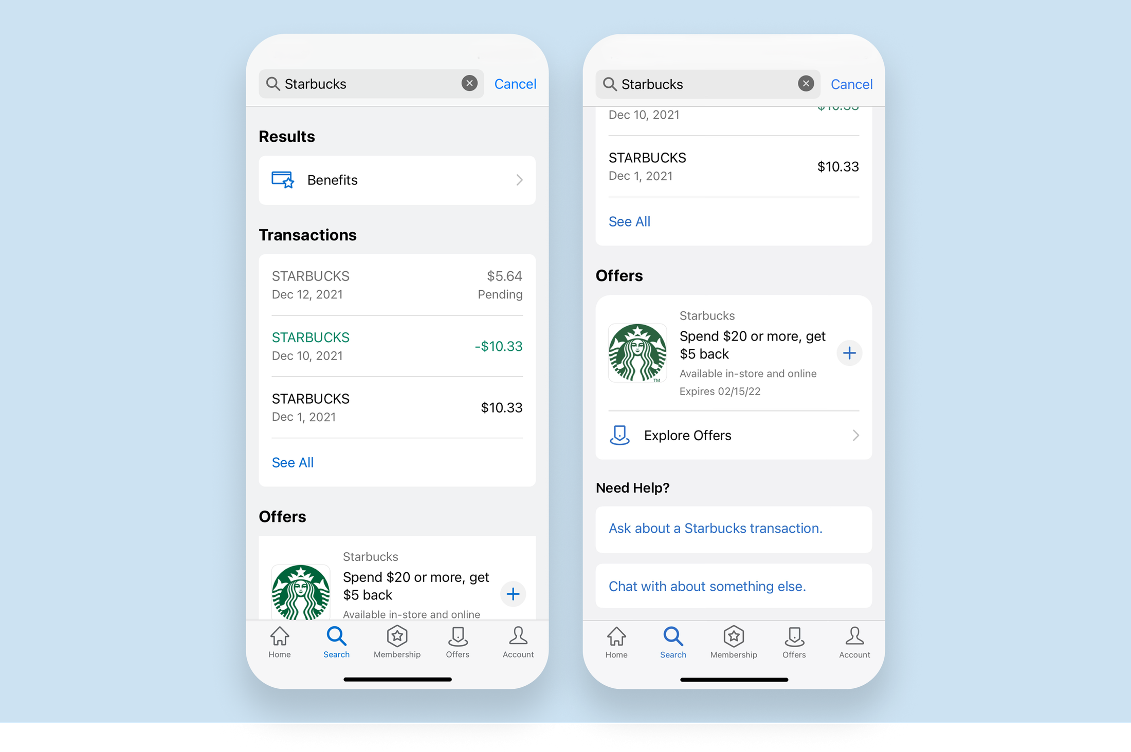 Unified American Express mobile search results screen