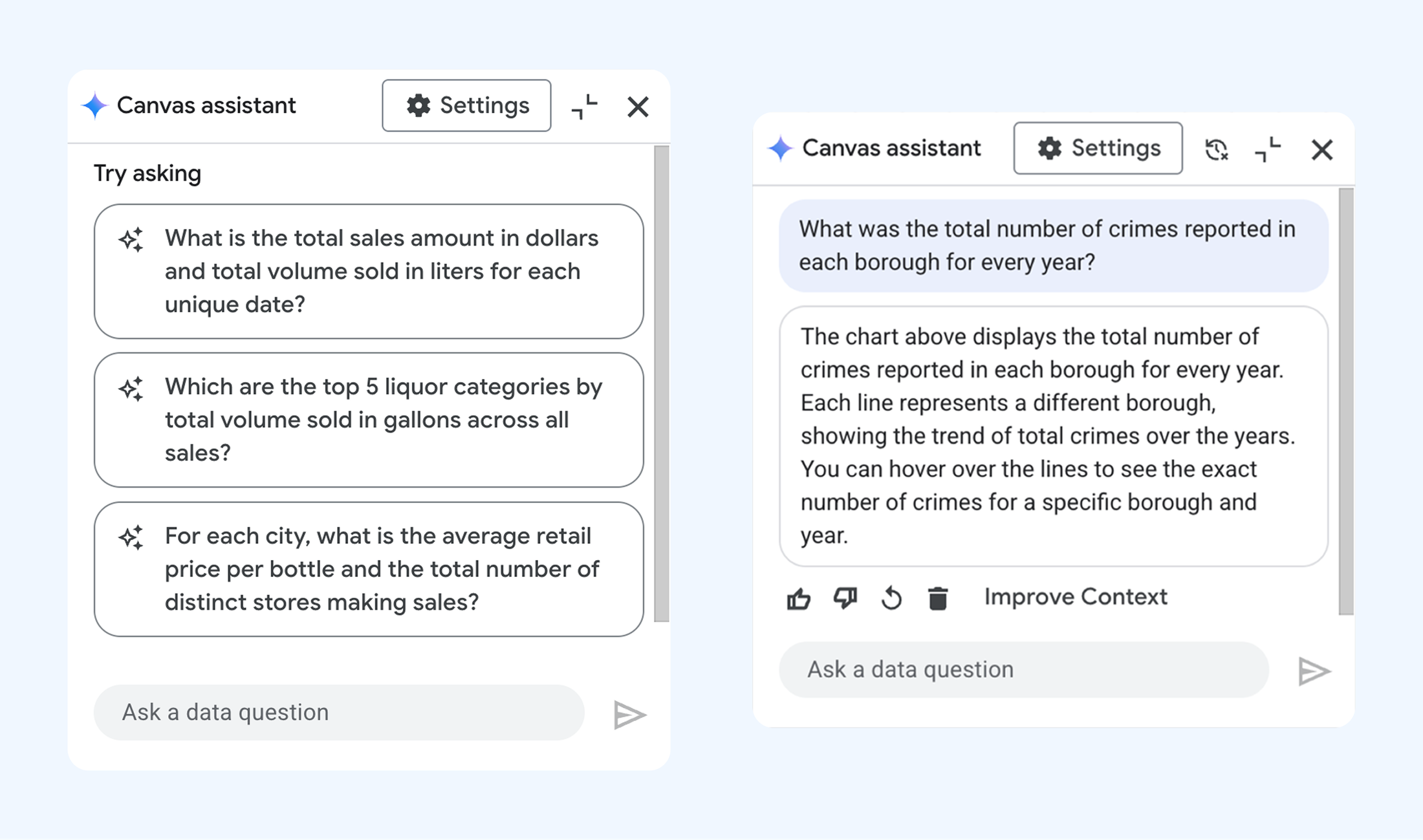 Redesigned Google Data Canvas assistant panel