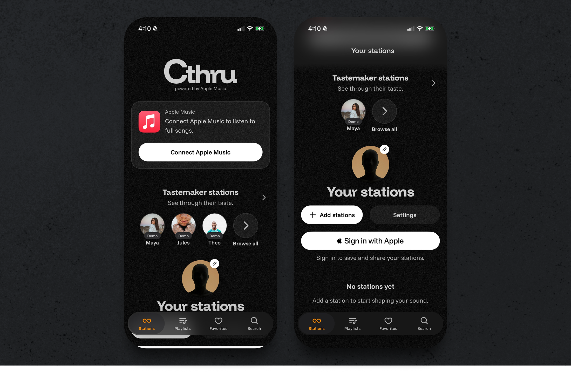 Onboarding mobile screen for the Cthru music player project