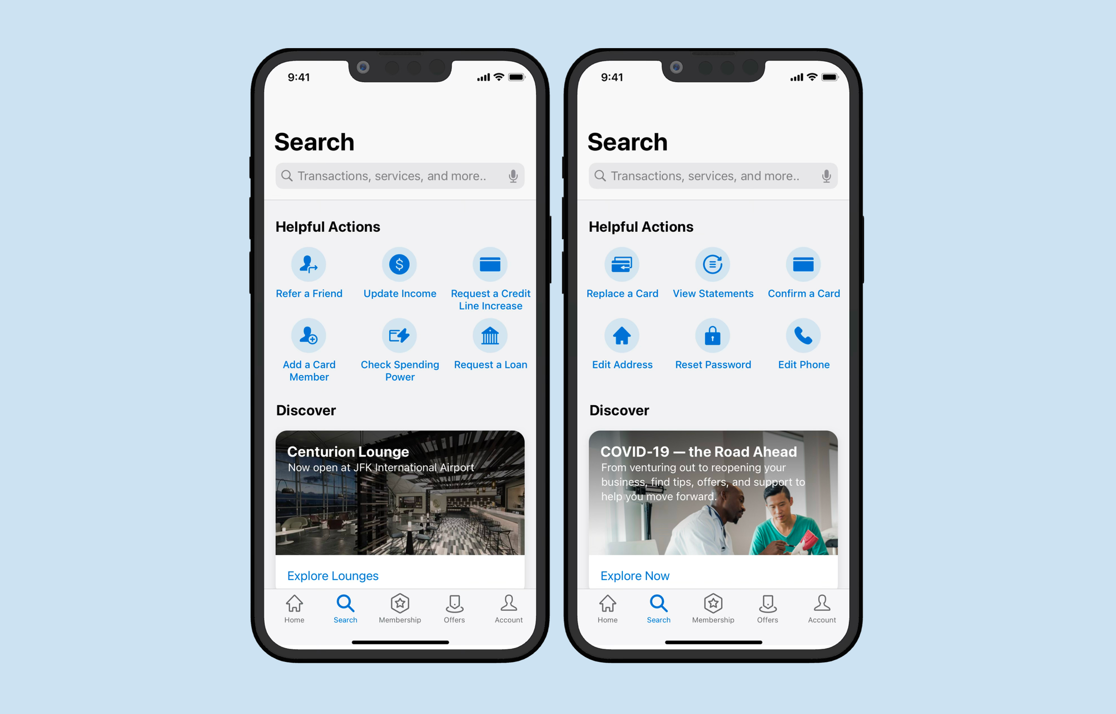 Dynamic search content module in the American Express mobile app