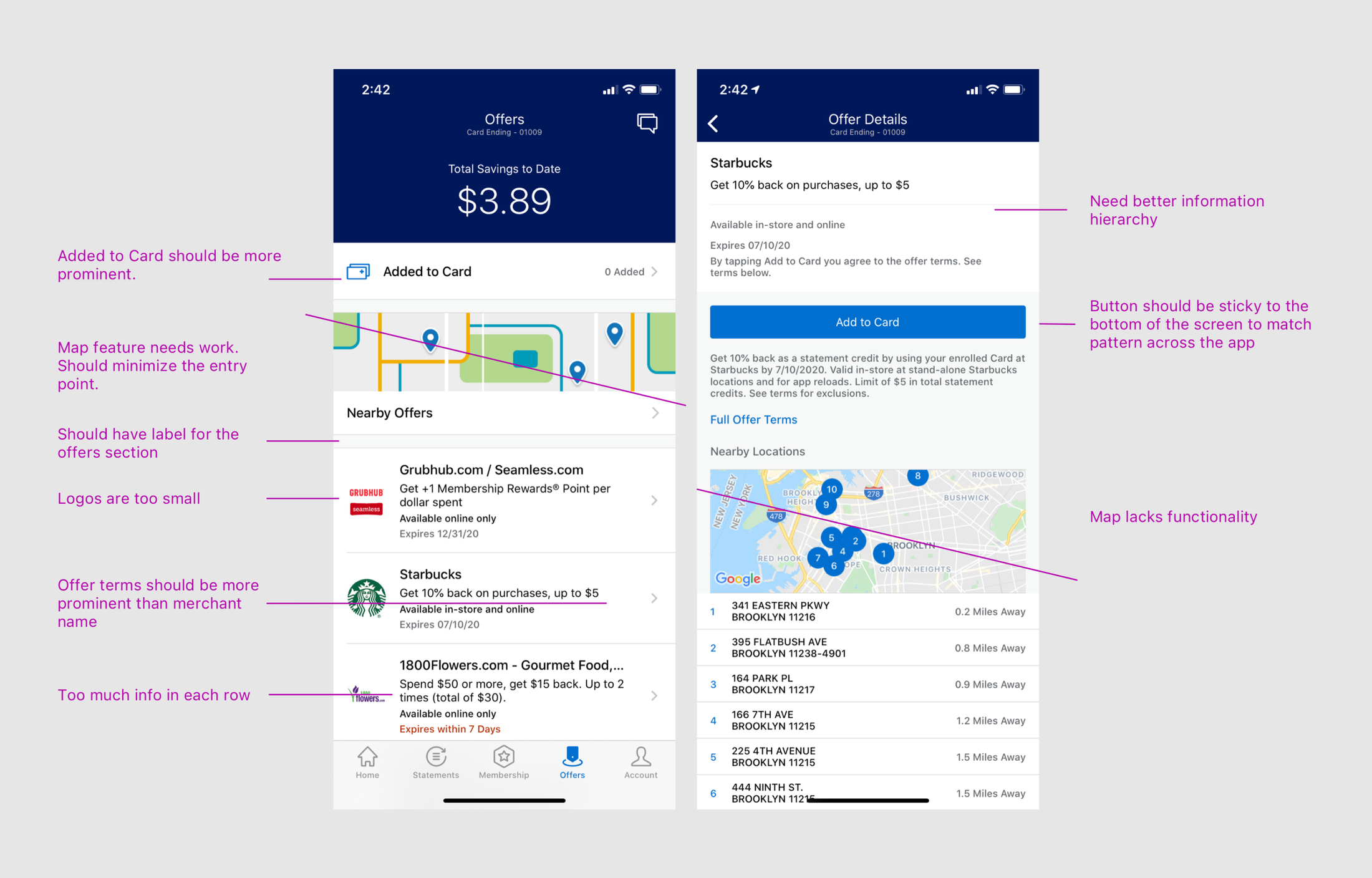 Audit of the existing American Express offers mobile experience