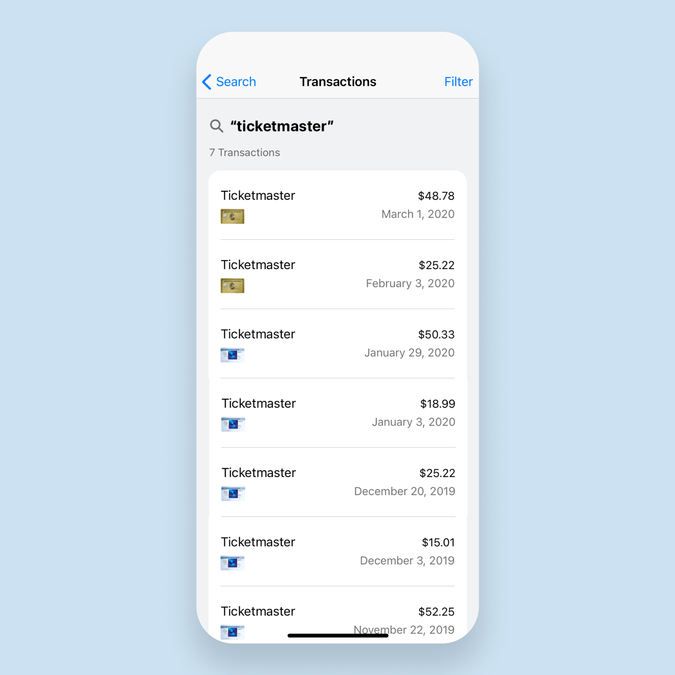 Transaction drill-in search result screen for American Express mobile