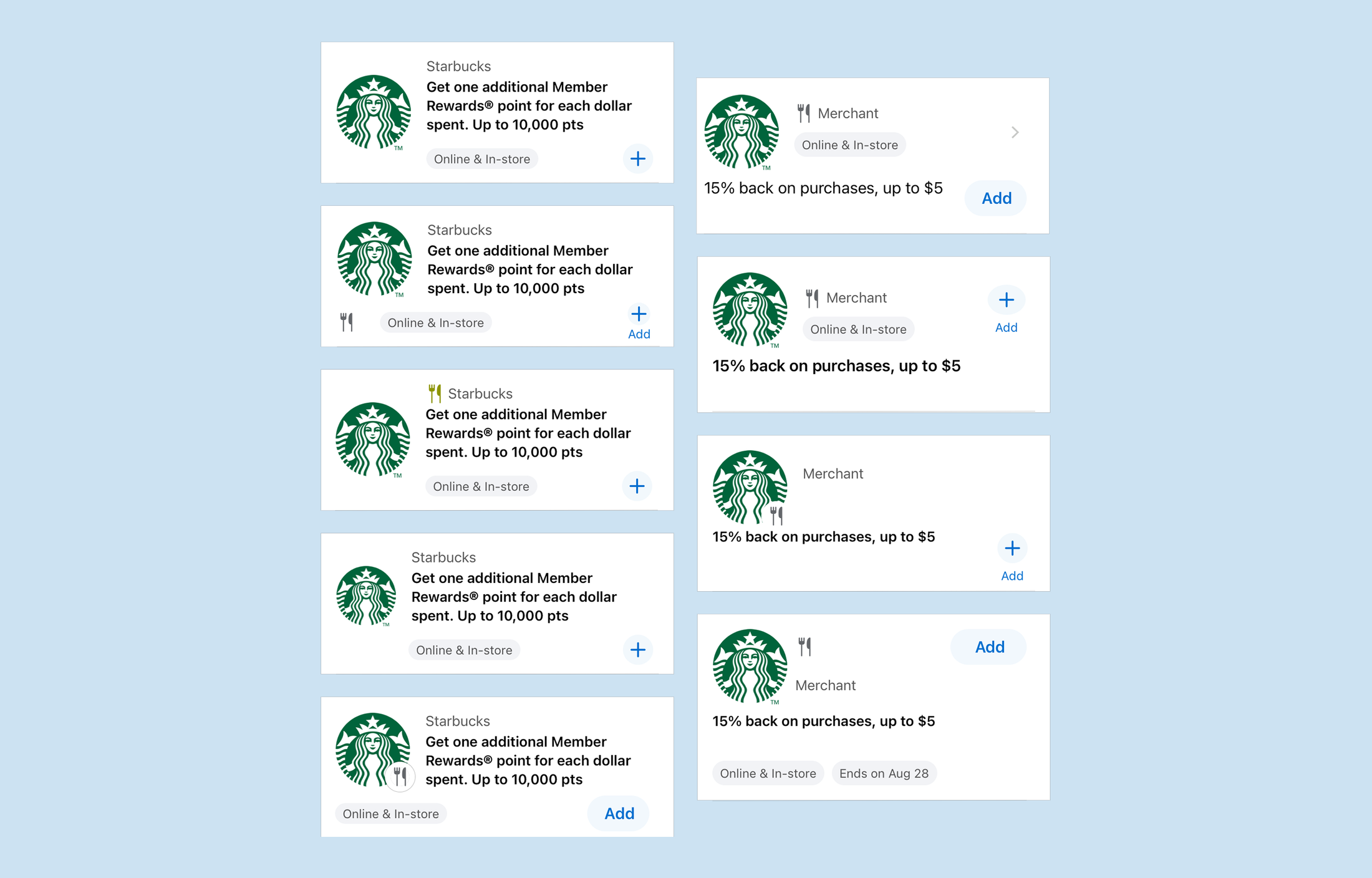 Offer list card explorations for American Express mobile