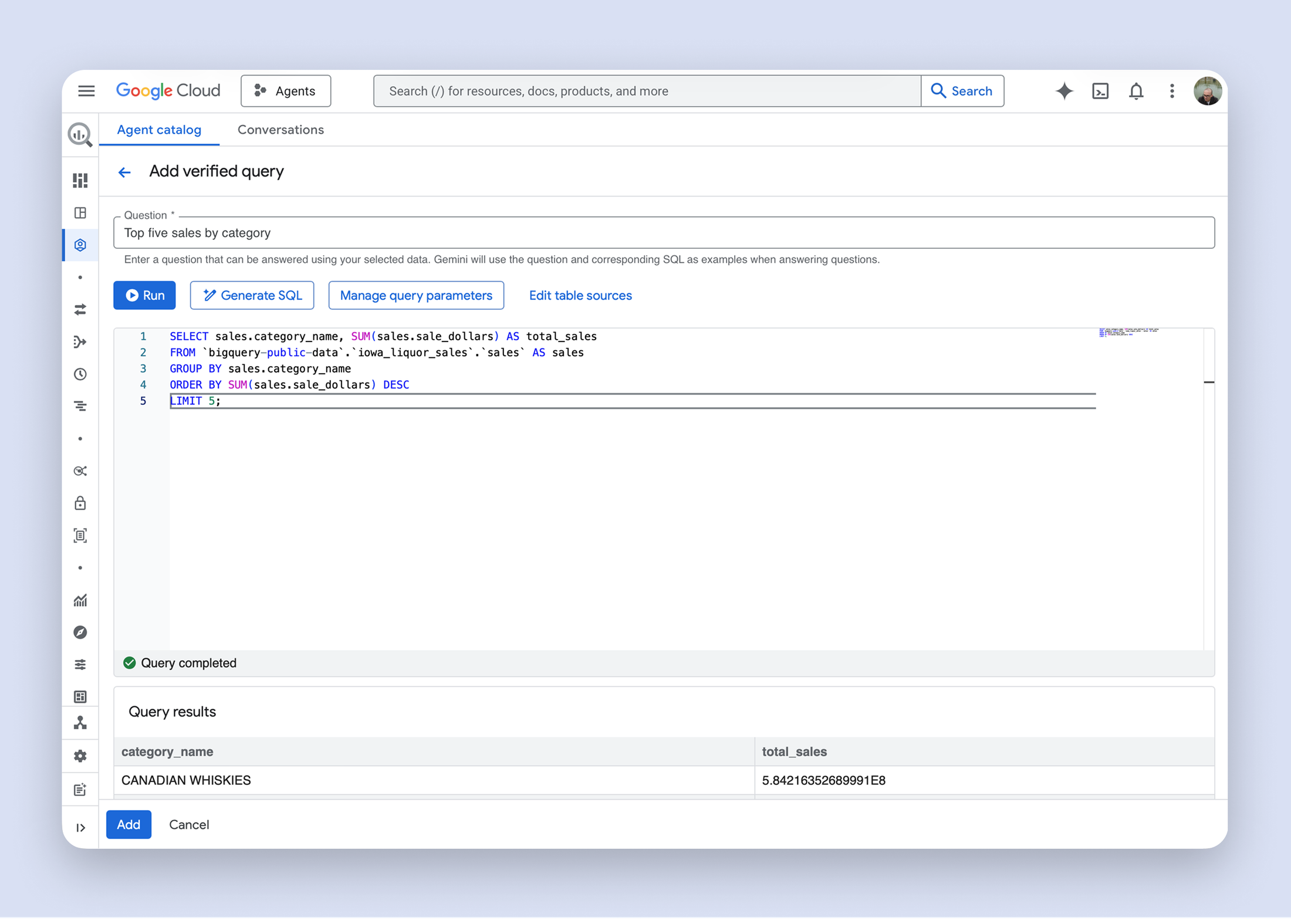 SQL context entry screen for Google Cloud Agent Builder
