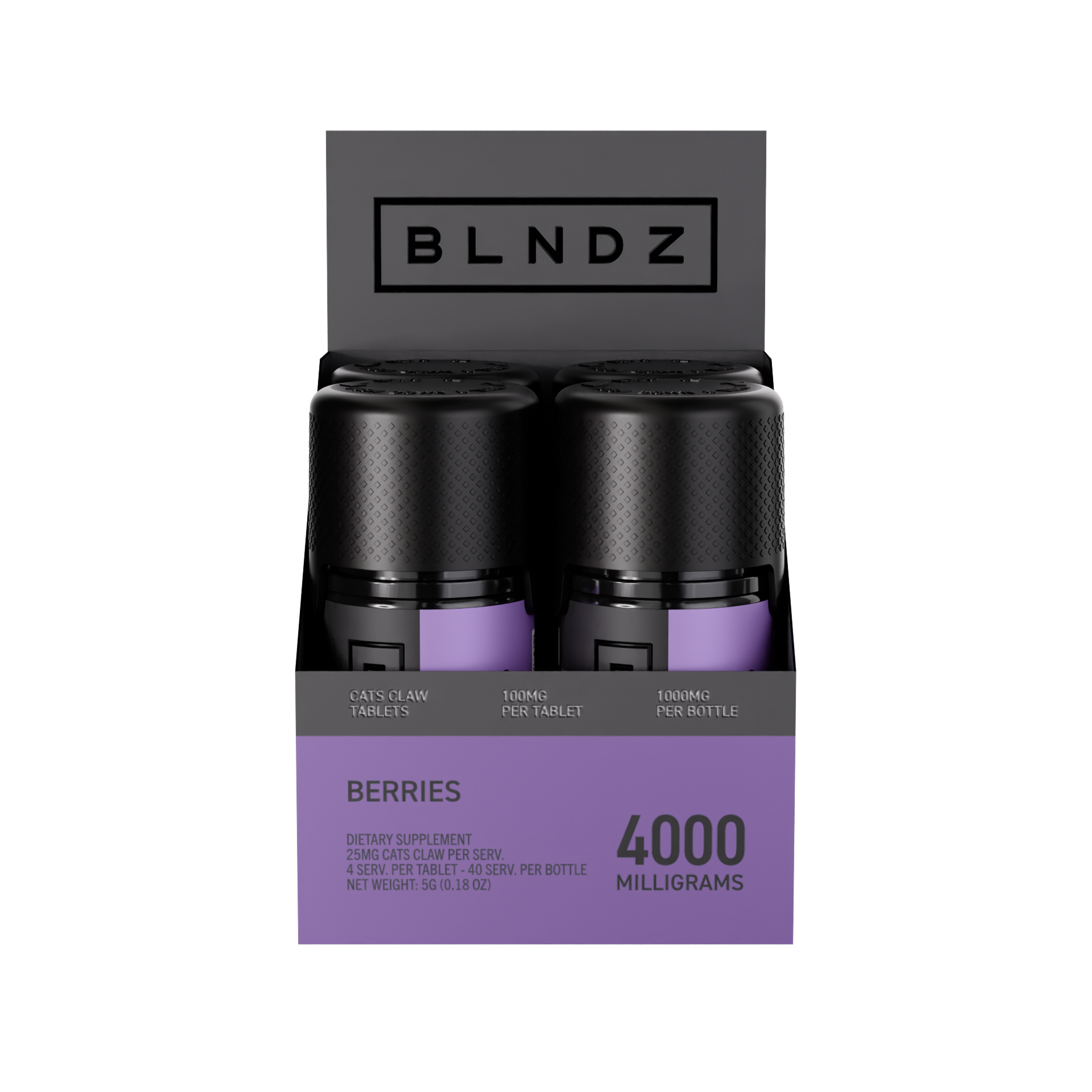 BLNDZ Botanicals 100MG Cats Claw Pill Bottle — Berries CDU-2 Front-Facing Shot