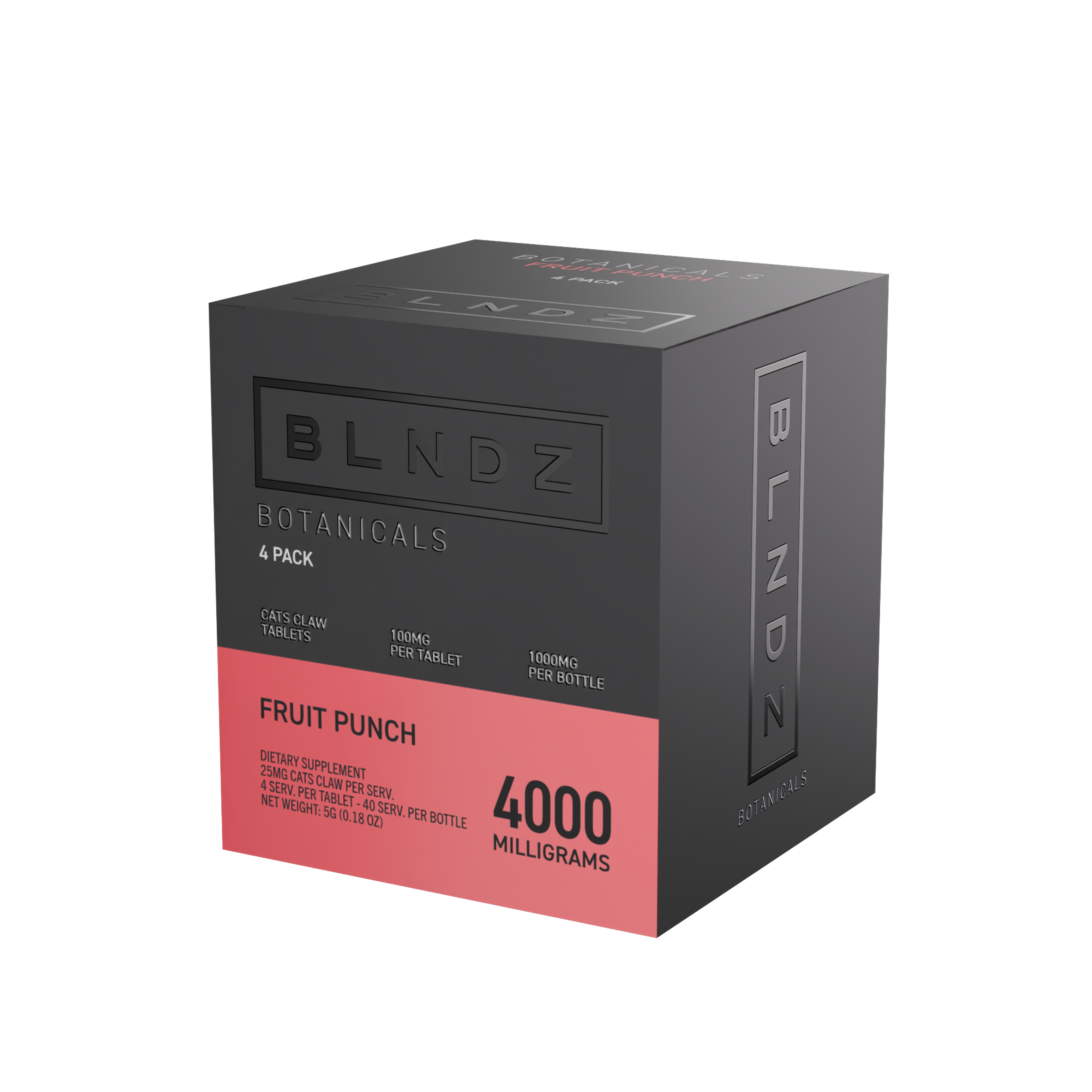 BLNDZ Botanicals 100MG Cats Claw Pill Bottle — Fruit Punch CDU-3 3-4 Angled Front View (Right)