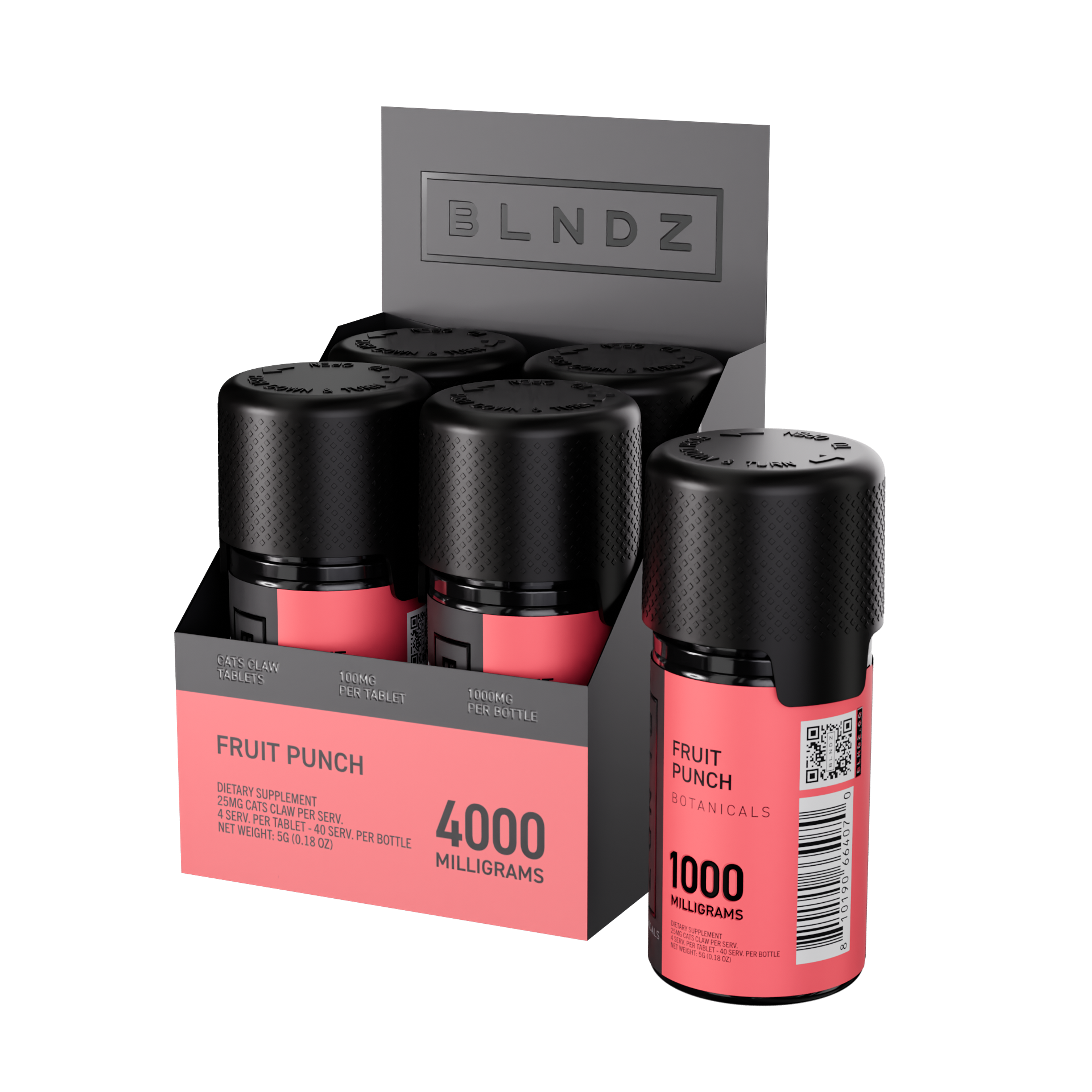 BLNDZ Botanicals 100MG Cats Claw Pill Bottle — Fruit Punch CDU-1 3-4 Angled Front View (Right)