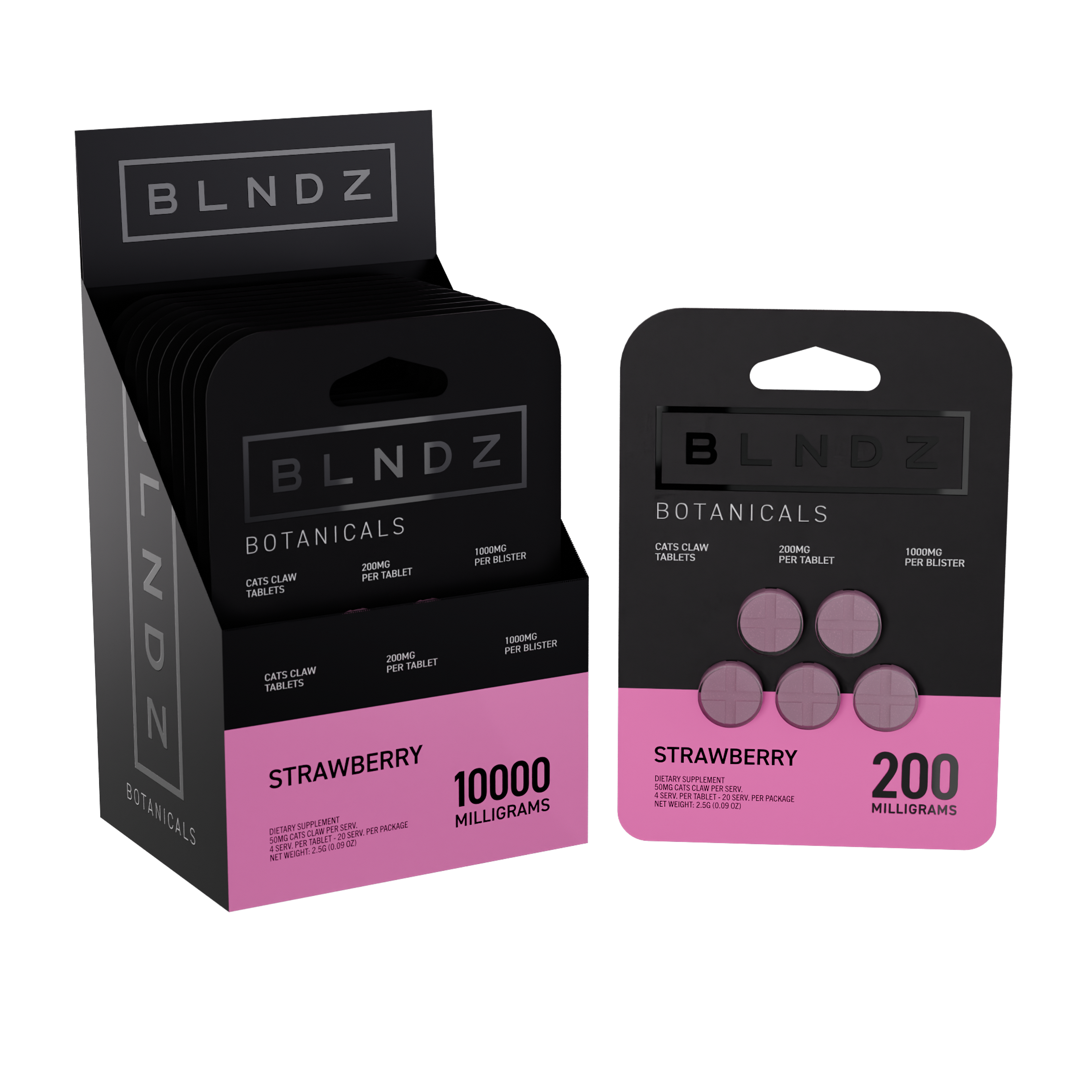 BLNDZ Botanicals 200MG Cats Claw Blister — Strawberry CDU-1 3-4 Angled Front View (Left)