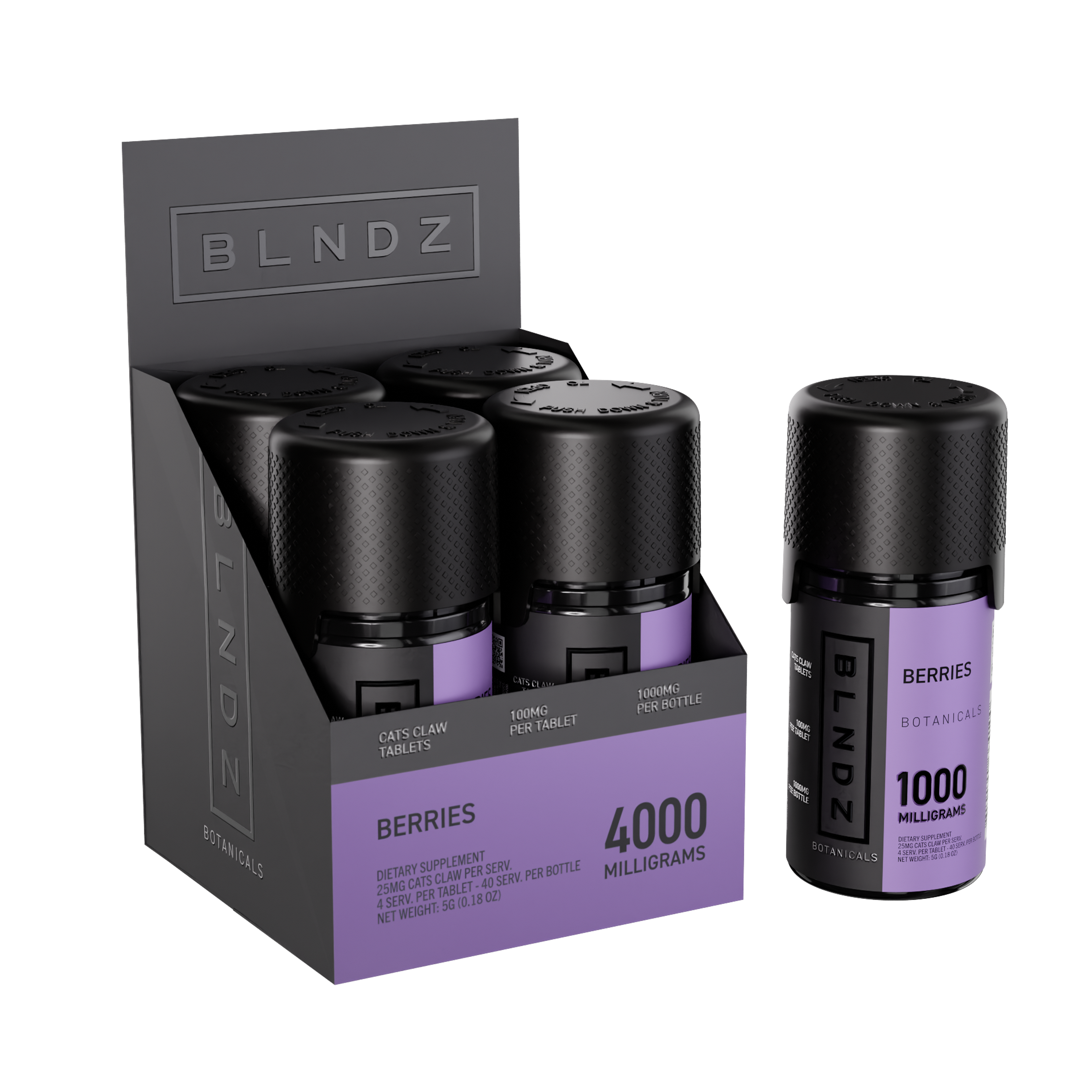 BLNDZ Botanicals 100MG Cats Claw Pill Bottle — Berries CDU-1 3-4 Angled Front View (Left)