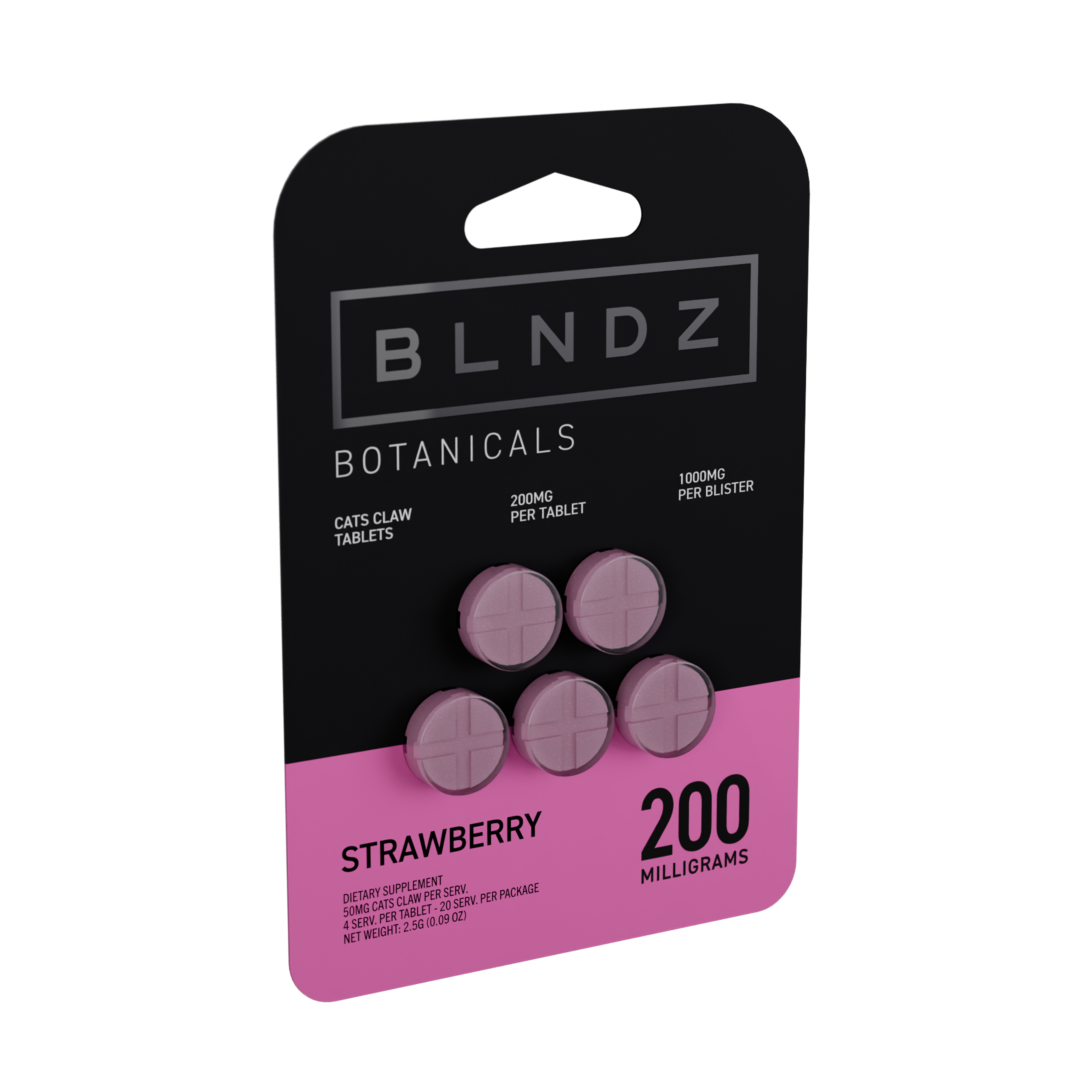BLNDZ Botanicals 200MG Cats Claw Blister — Strawberry IDV 3-4 Angled Front View (Left)