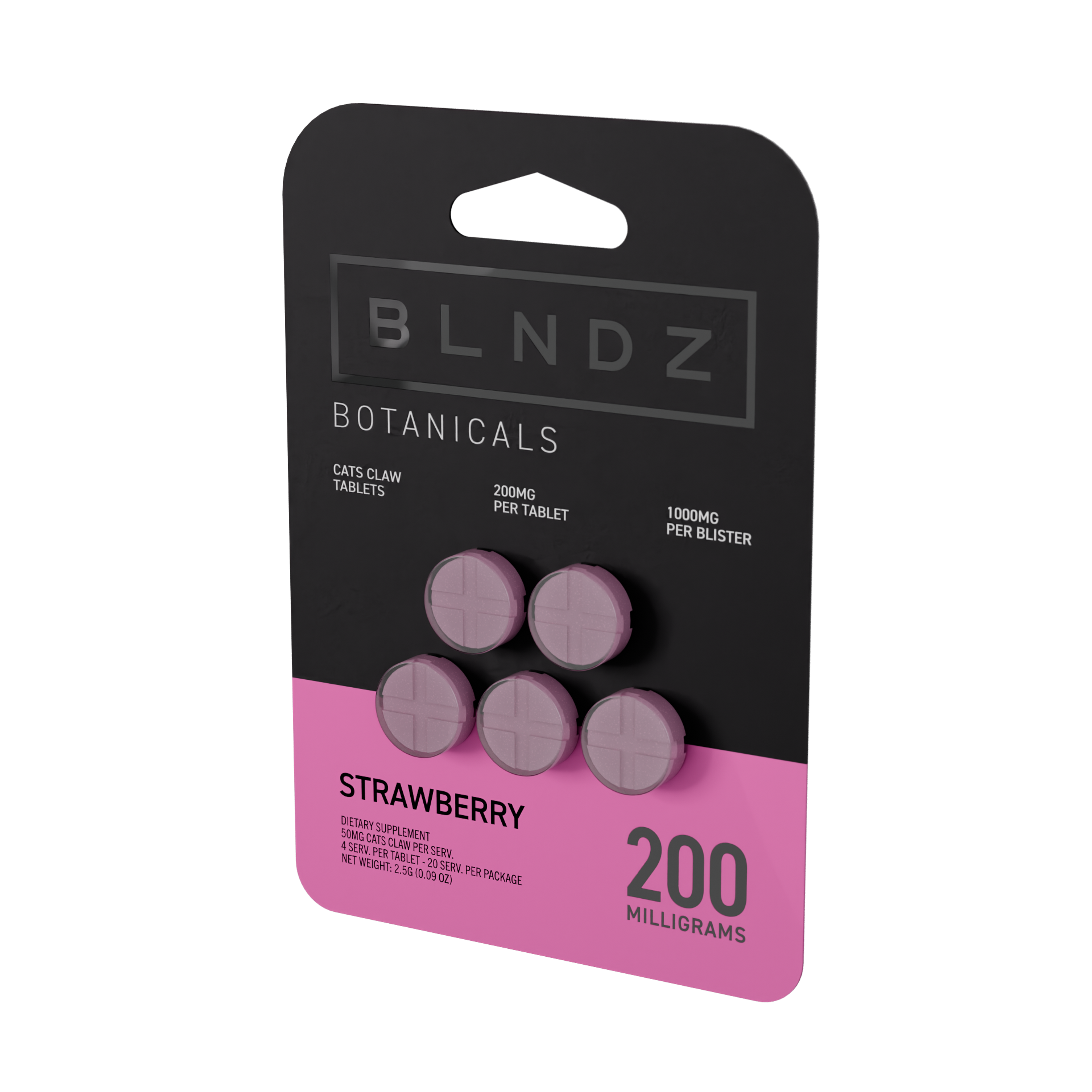 BLNDZ Botanicals 200MG Cats Claw Blister — Strawberry IDV 3-4 Angled Front View (Right)