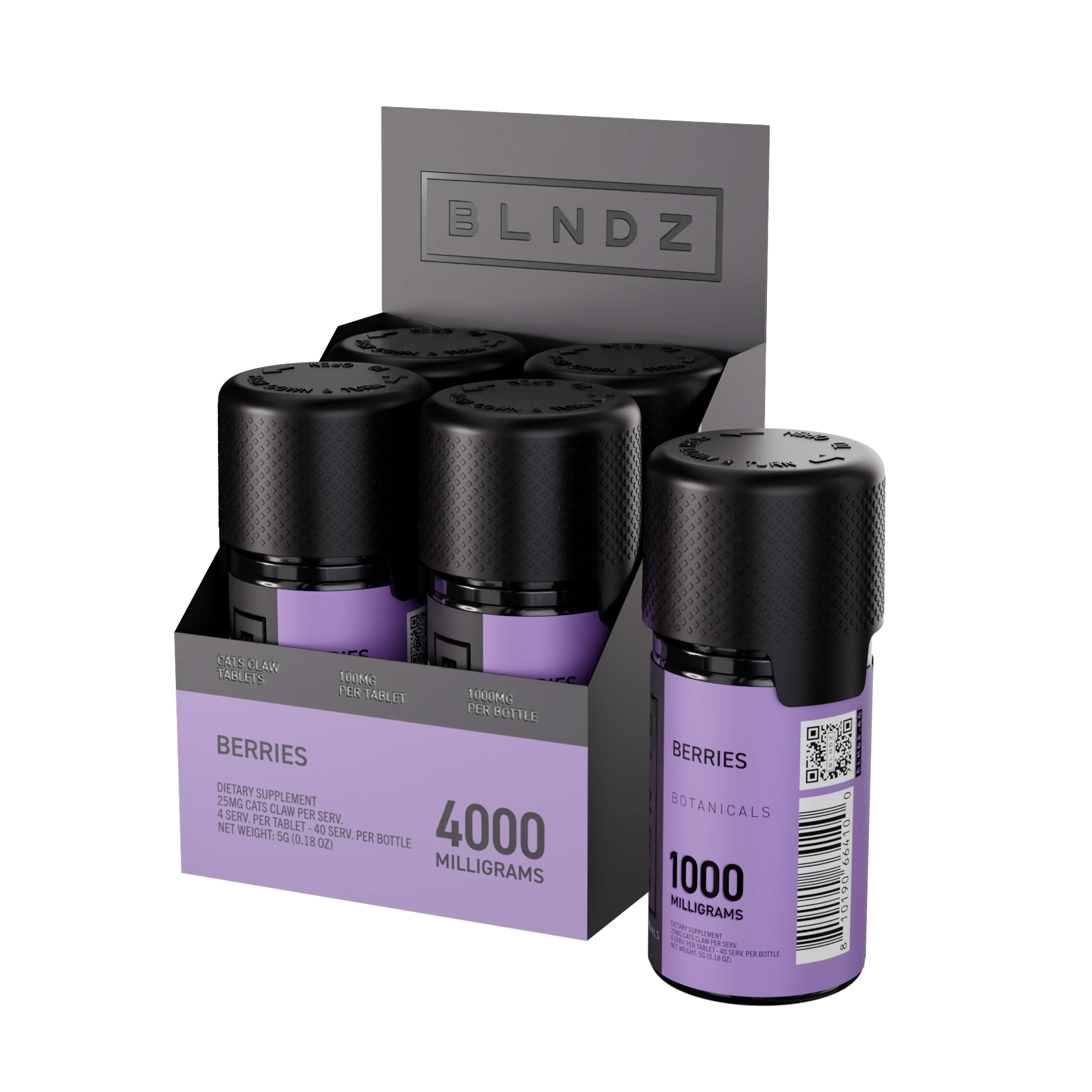 BLNDZ Botanicals 100MG Cats Claw Pill Bottle — Berries CDU-1 3-4 Angled Front View (Right)