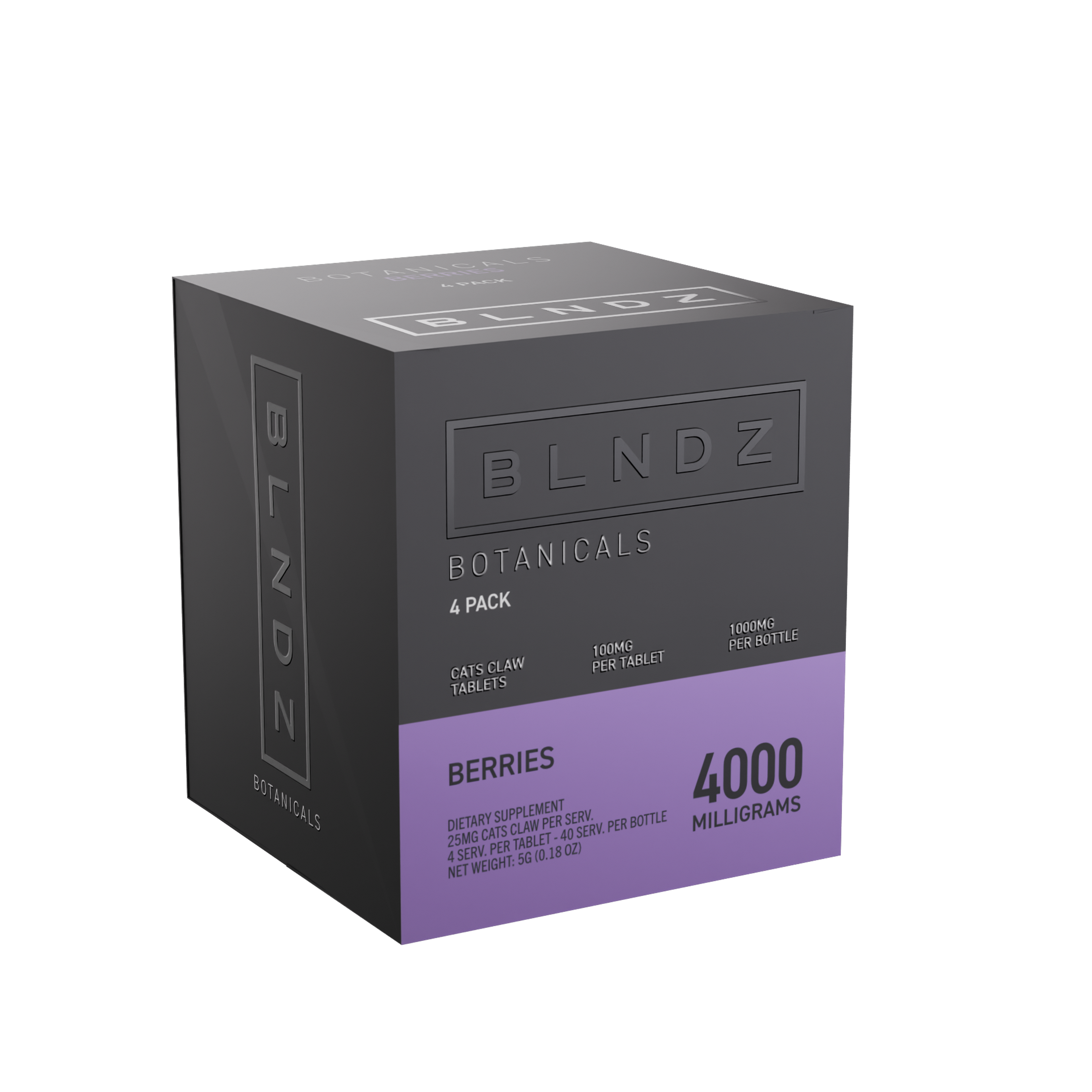 BLNDZ Botanicals 100MG Cats Claw Pill Bottle — Berry CDU-3 3-4 Angled Front View (Left)