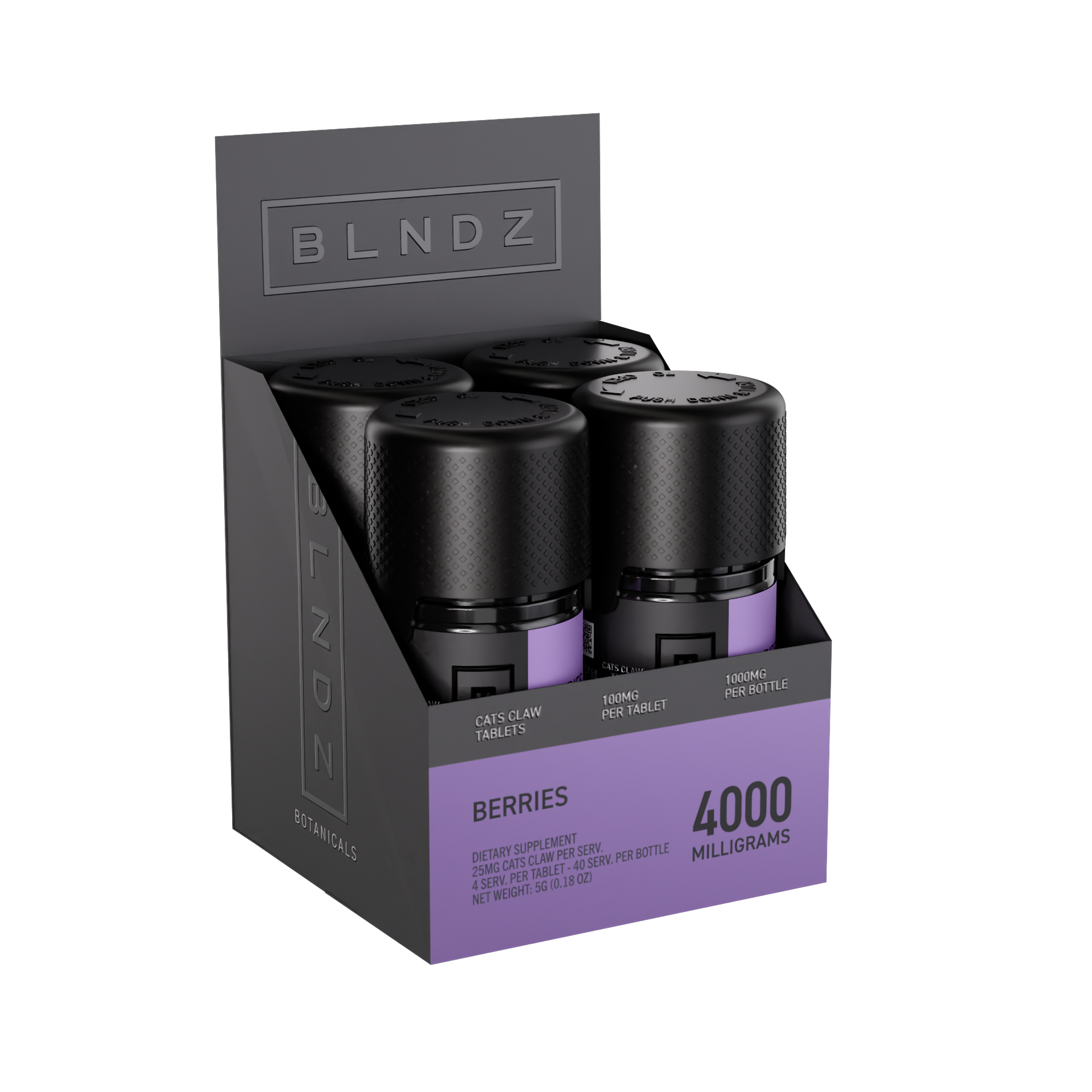 BLNDZ Botanicals 100MG Cats Claw Pill Bottle — Berries CDU-2 3-4 Angled Front View (Left)