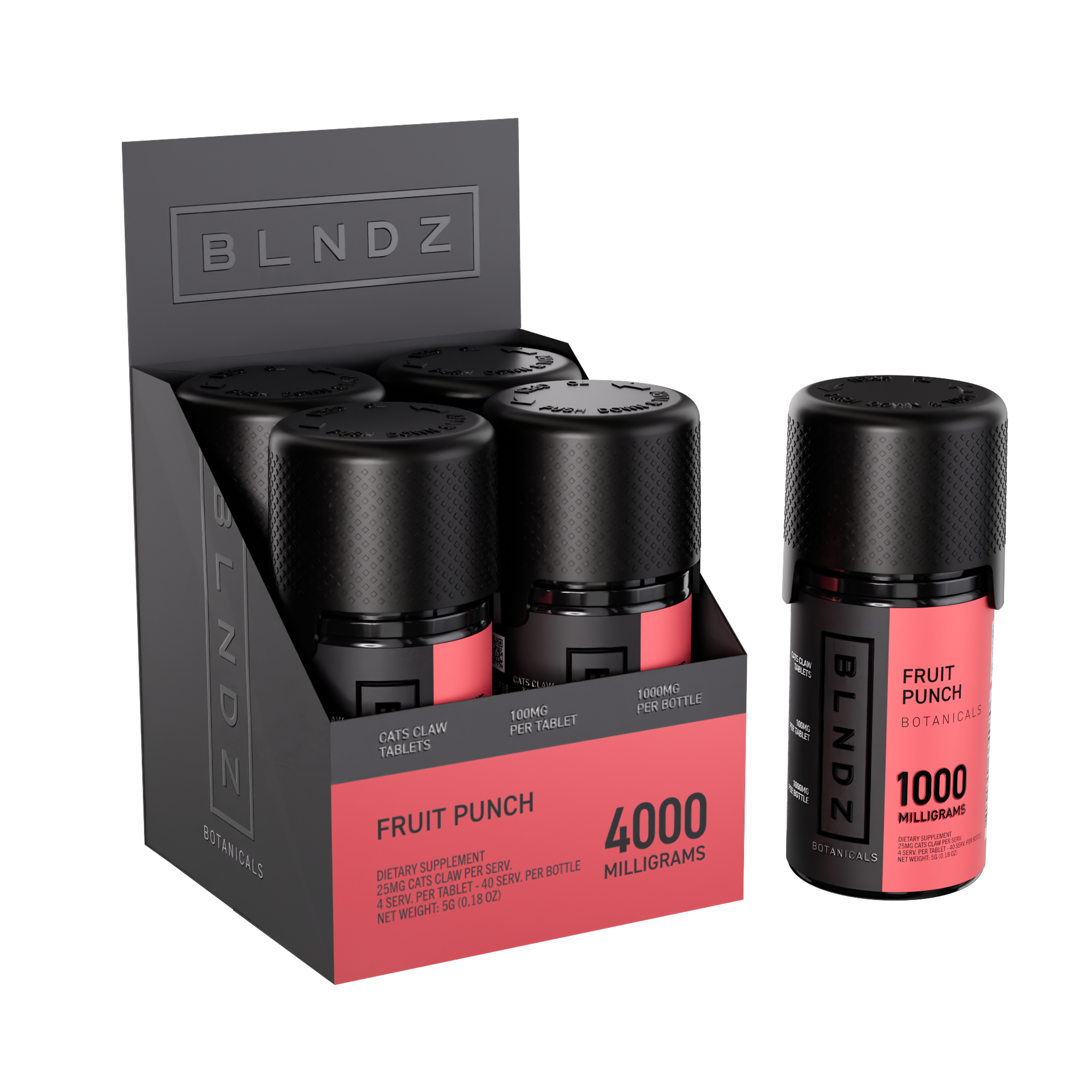 BLNDZ Botanicals 100MG Cats Claw Pill Bottle — Fruit Punch CDU-1 3-4 Angled Front View (Left)