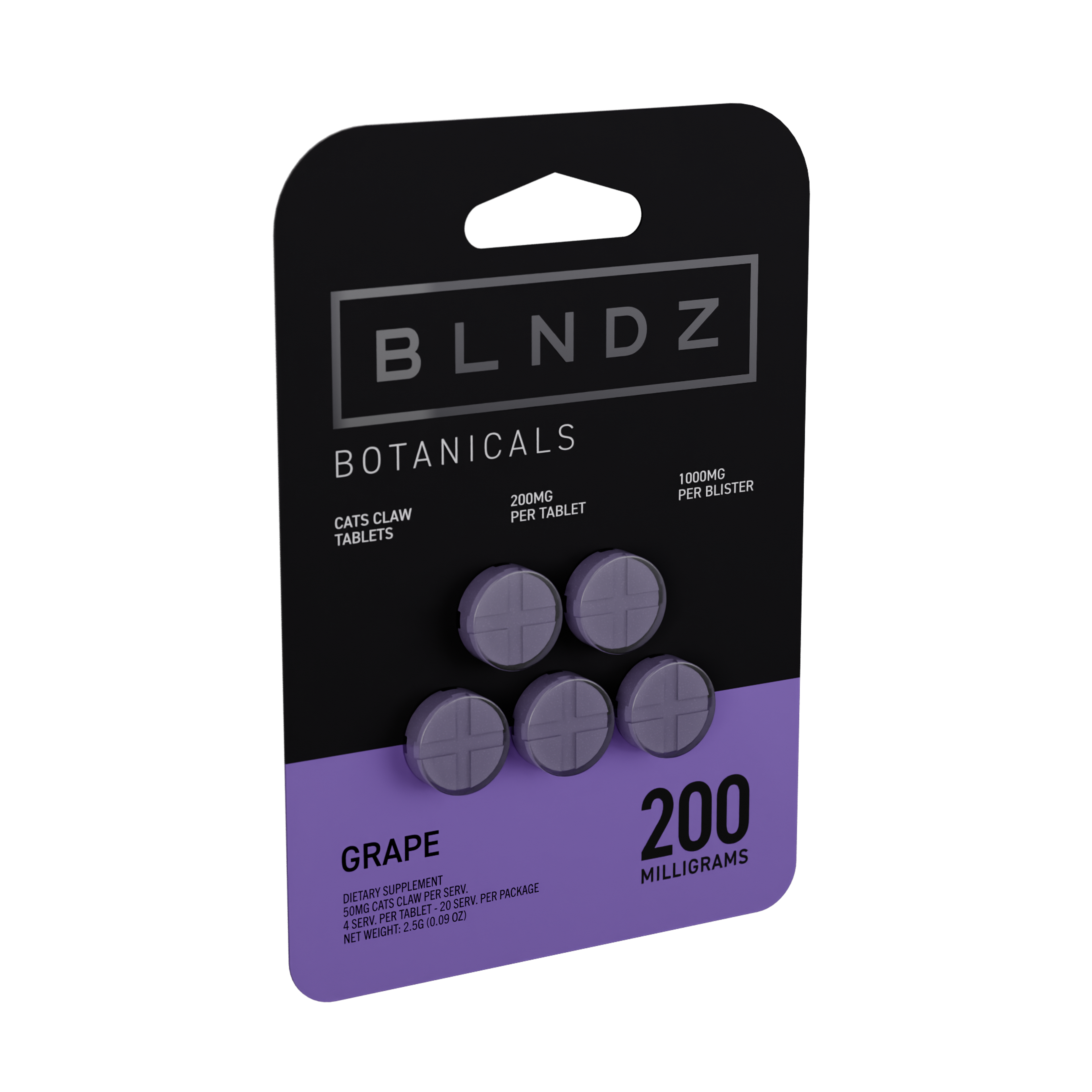 BLNDZ Botanicals 200MG Cats Claw Blister — Grape IDV 3-4 Angled Front View (Left)