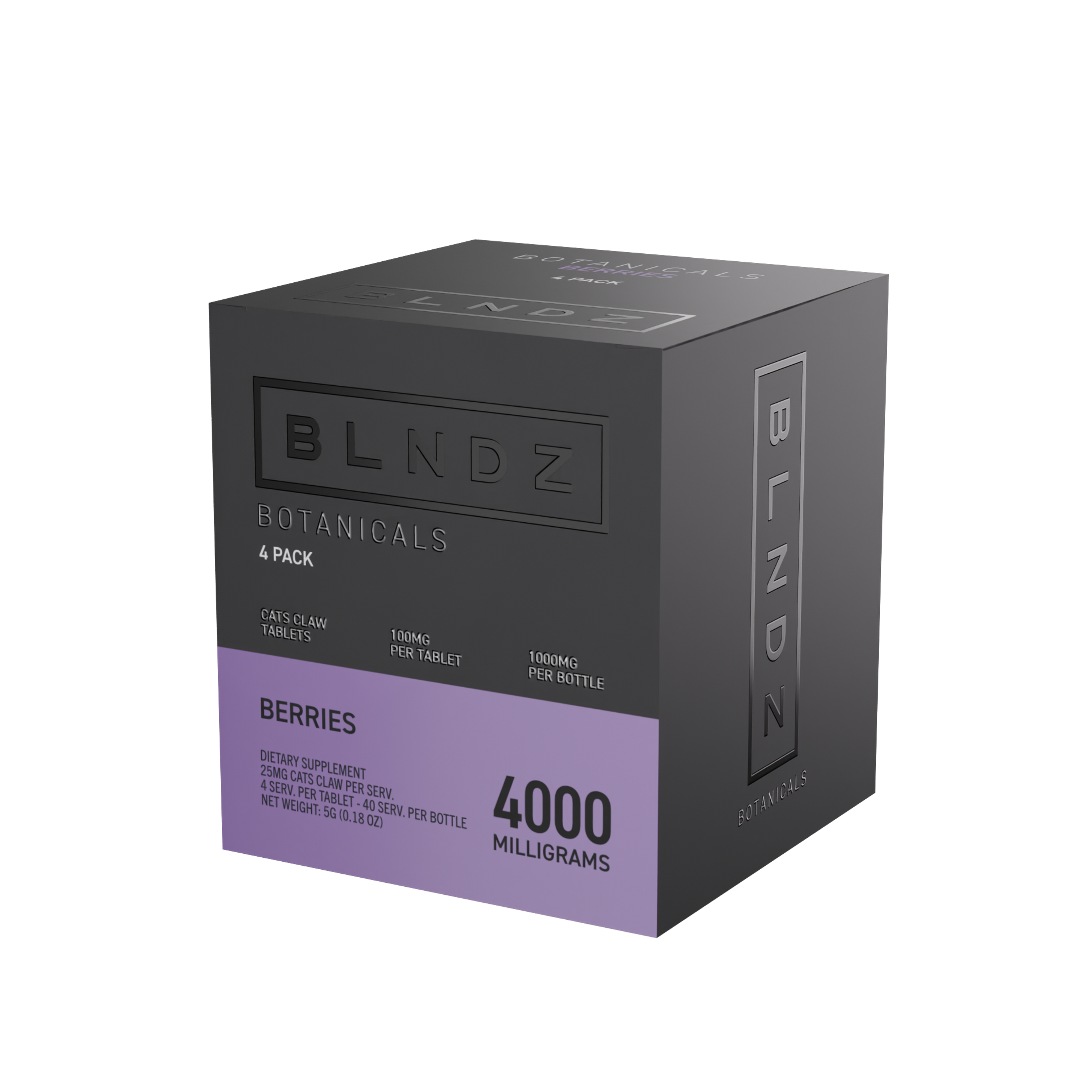 BLNDZ Botanicals 100MG Cats Claw Pill Bottle — Berry CDU-3 3-4 Angled Front View (Right)