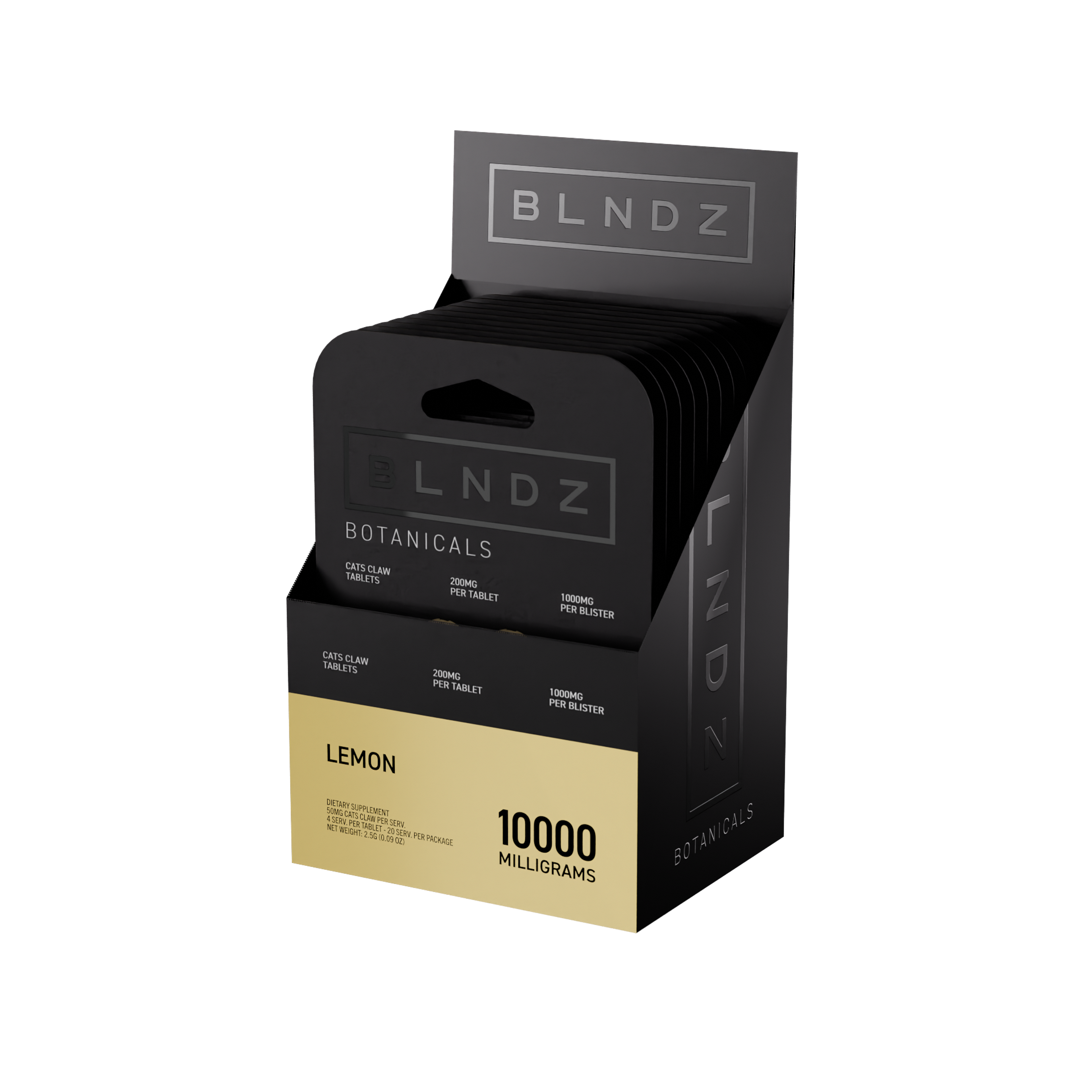 BLNDZ Botanicals 200MG Cats Claw Blister — Lemon CDU-2 3-4 Angled Front View (Right)