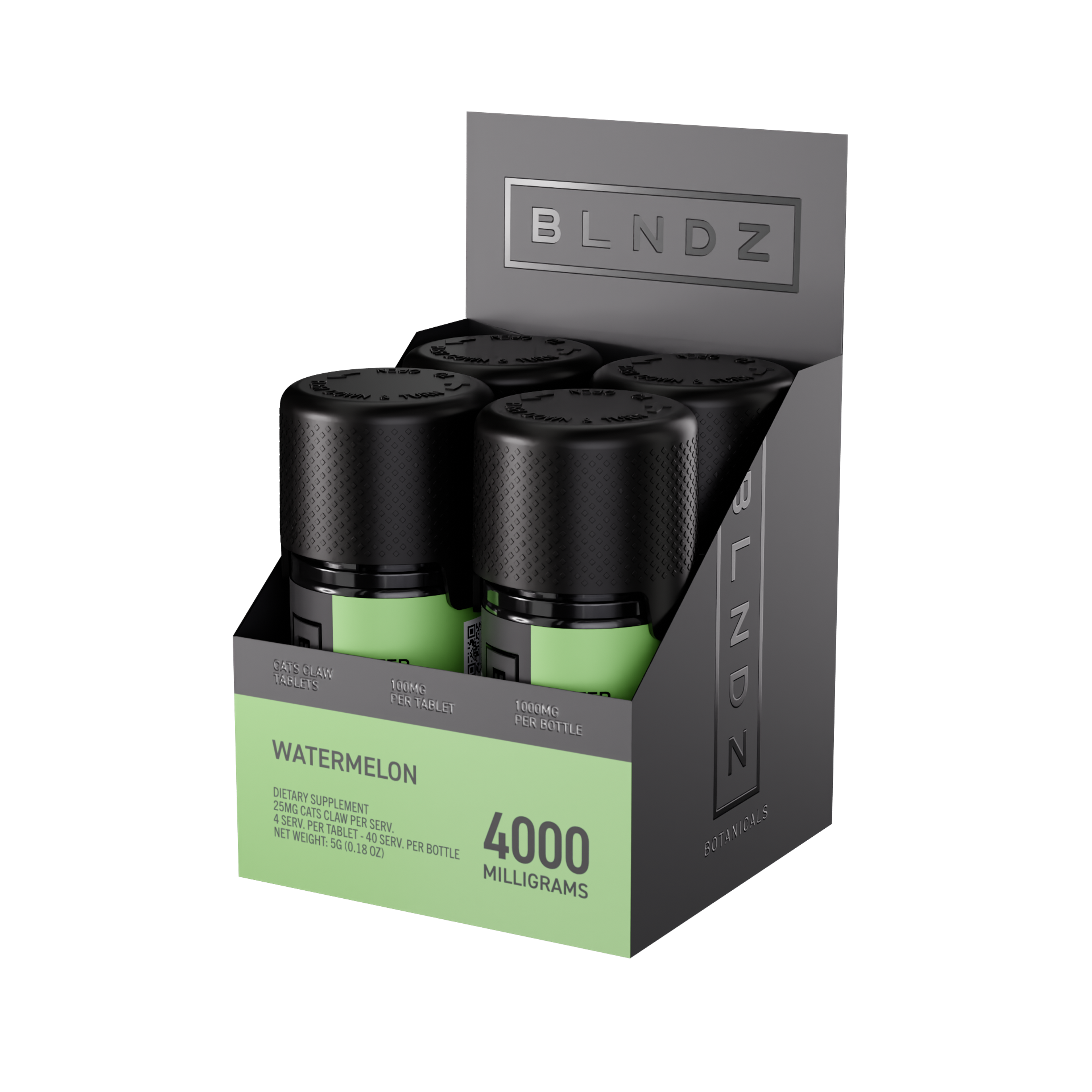 BLNDZ Botanicals 100MG Cats Claw Pill Bottle — Watermelon CDU-2 3-4 Angled Front View (Right)