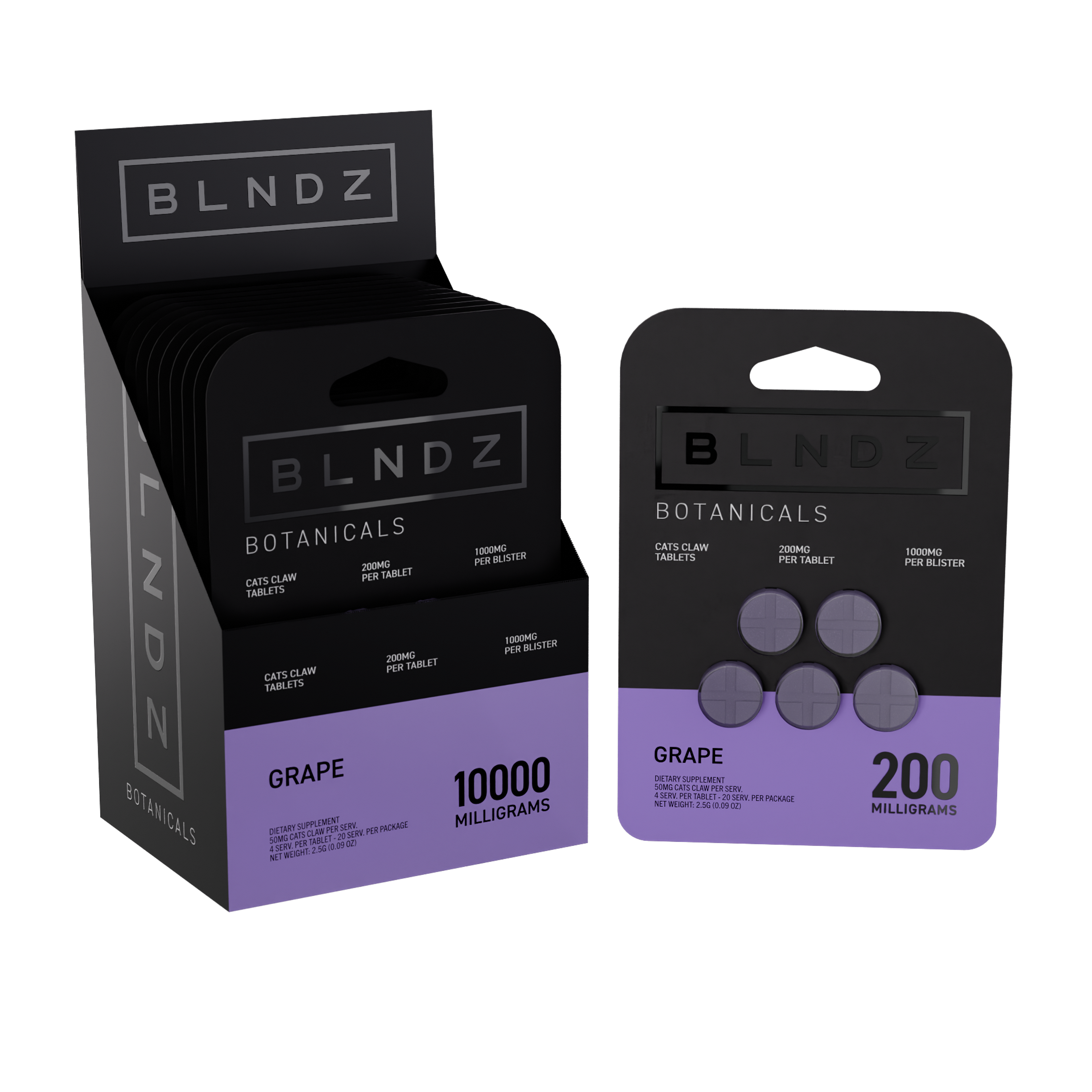 BLNDZ Botanicals 200MG Cats Claw Blister — Grape CDU-1 3-4 Angled Front View (Left)