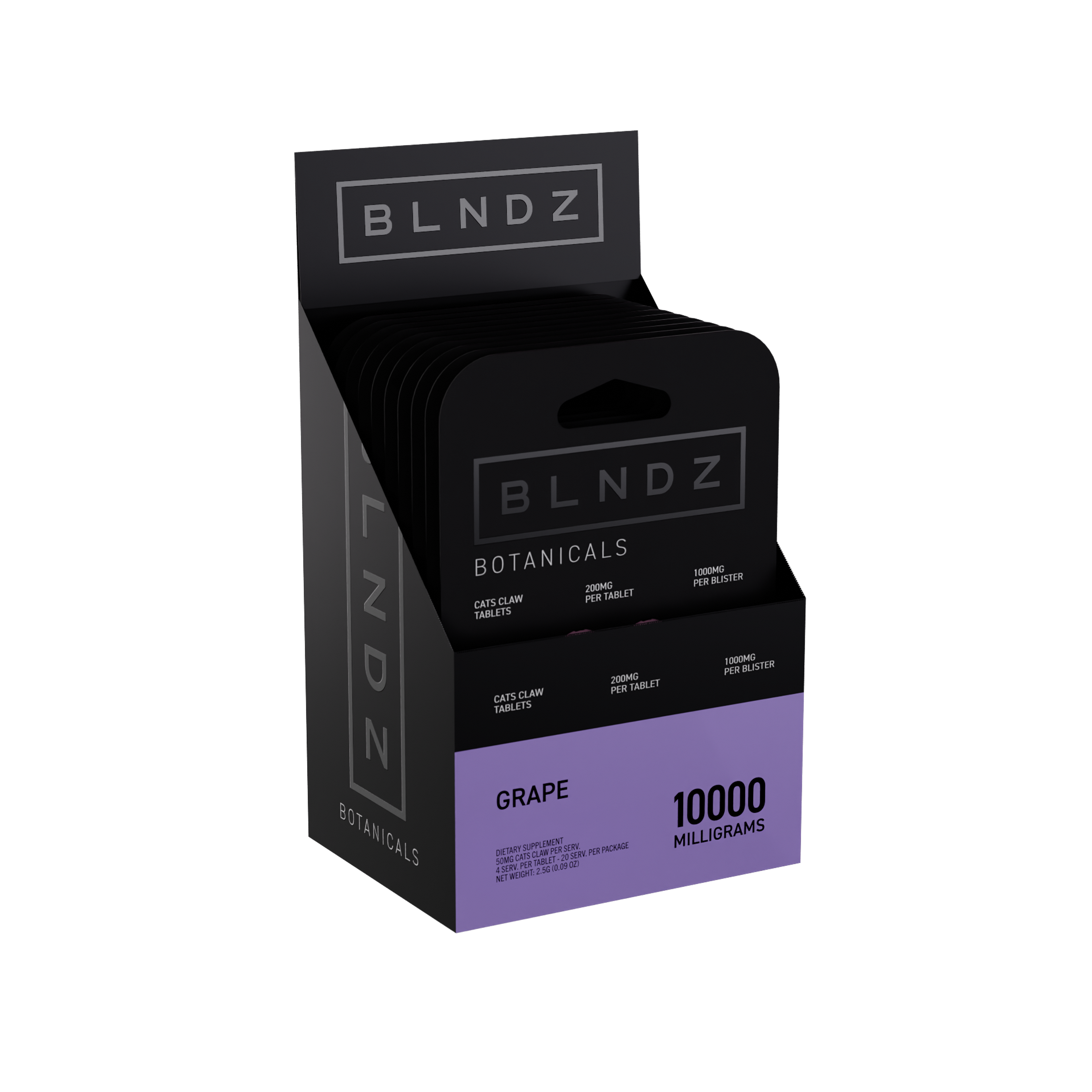 BLNDZ Botanicals 200MG Cats Claw Blister — Grape CDU-2 3-4 Angled Front View (Left)