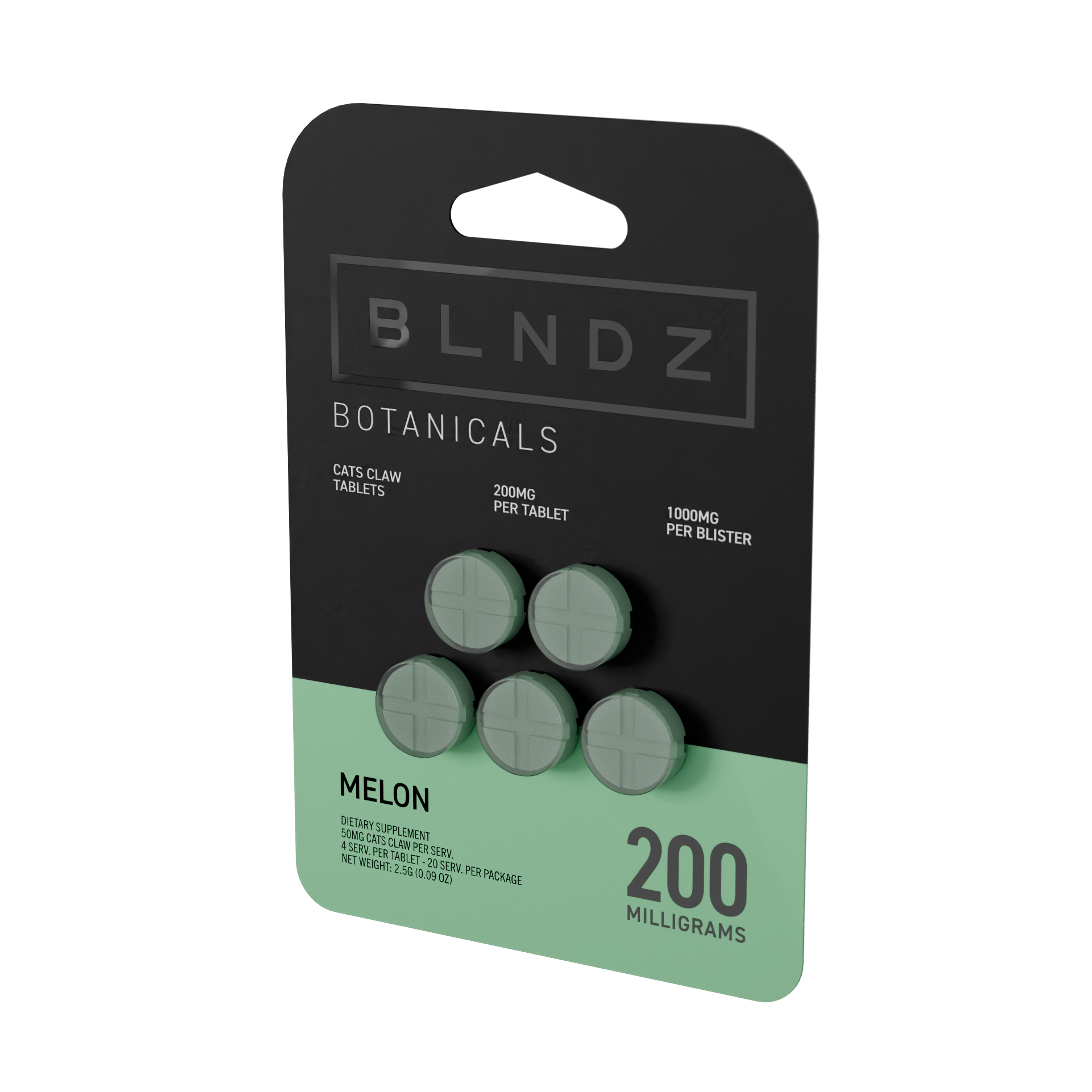 BLNDZ Botanicals 200MG Cats Claw Blister — Melon IDV 3-4 Angled Front View (Right)