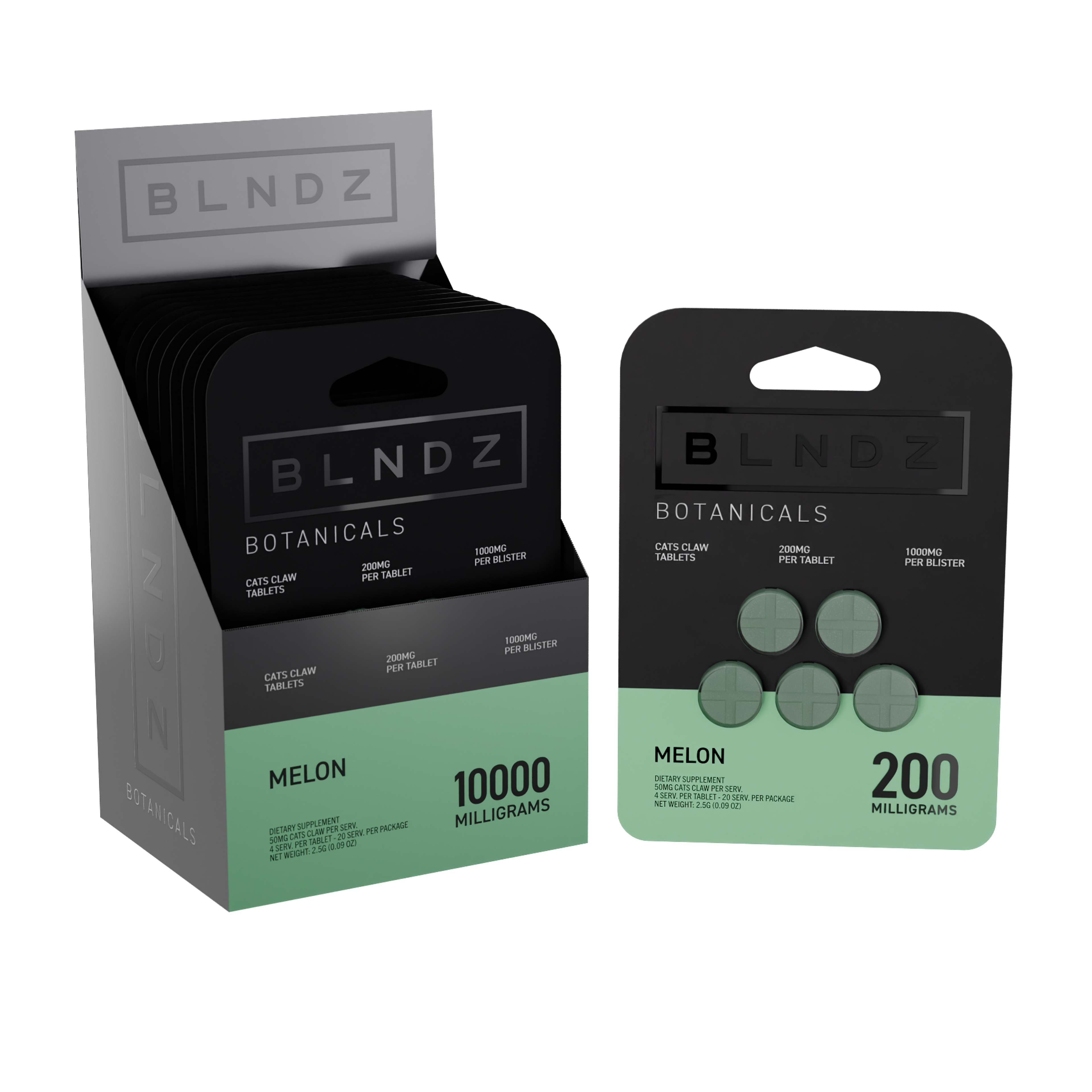 BLNDZ Botanicals 200MG Cats Claw Blister — Melon CDU-1 3-4 Angled Front View (Left)