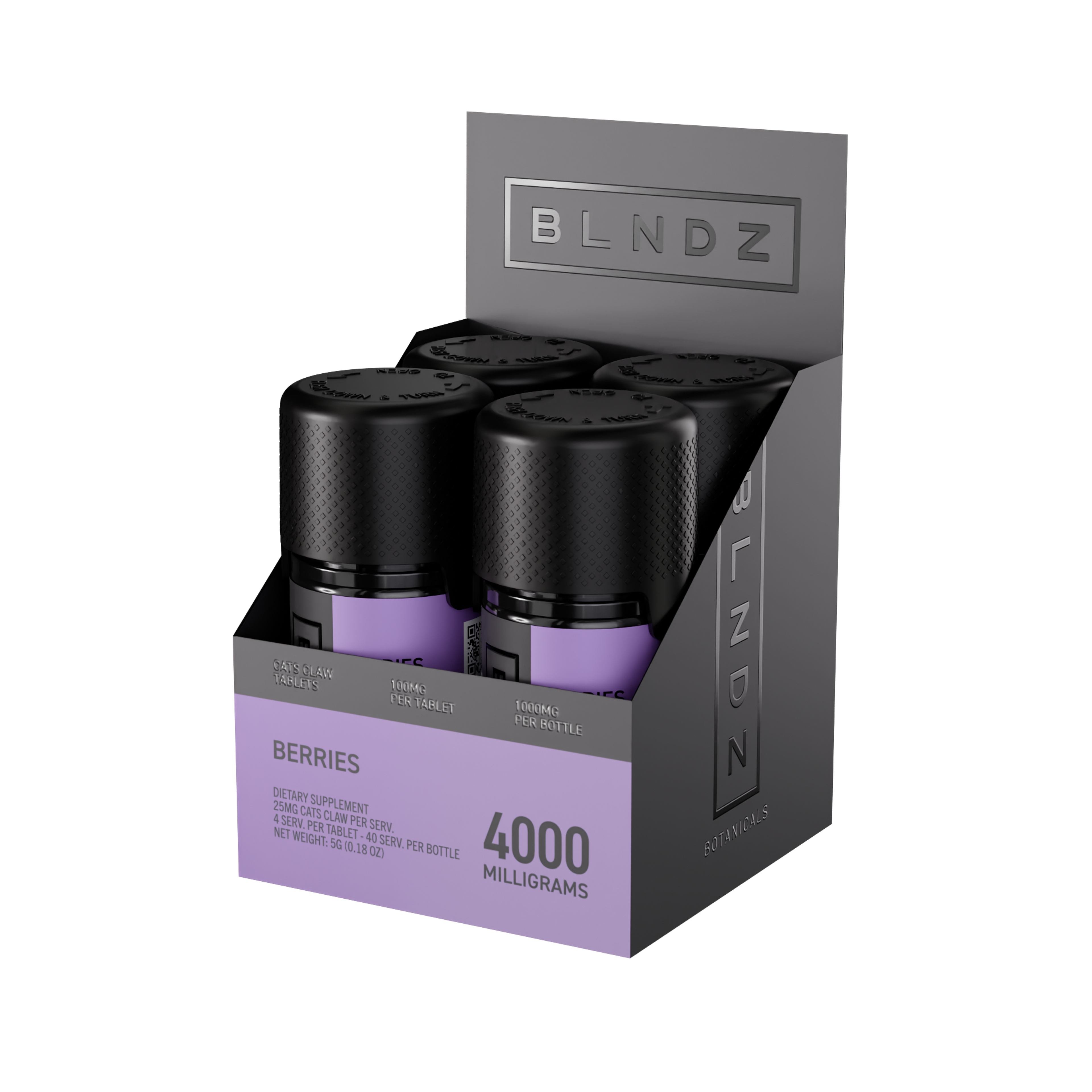 BLNDZ Botanicals 100MG Cats Claw Pill Bottle — Berries CDU-2 3-4 Angled Front View (Right)