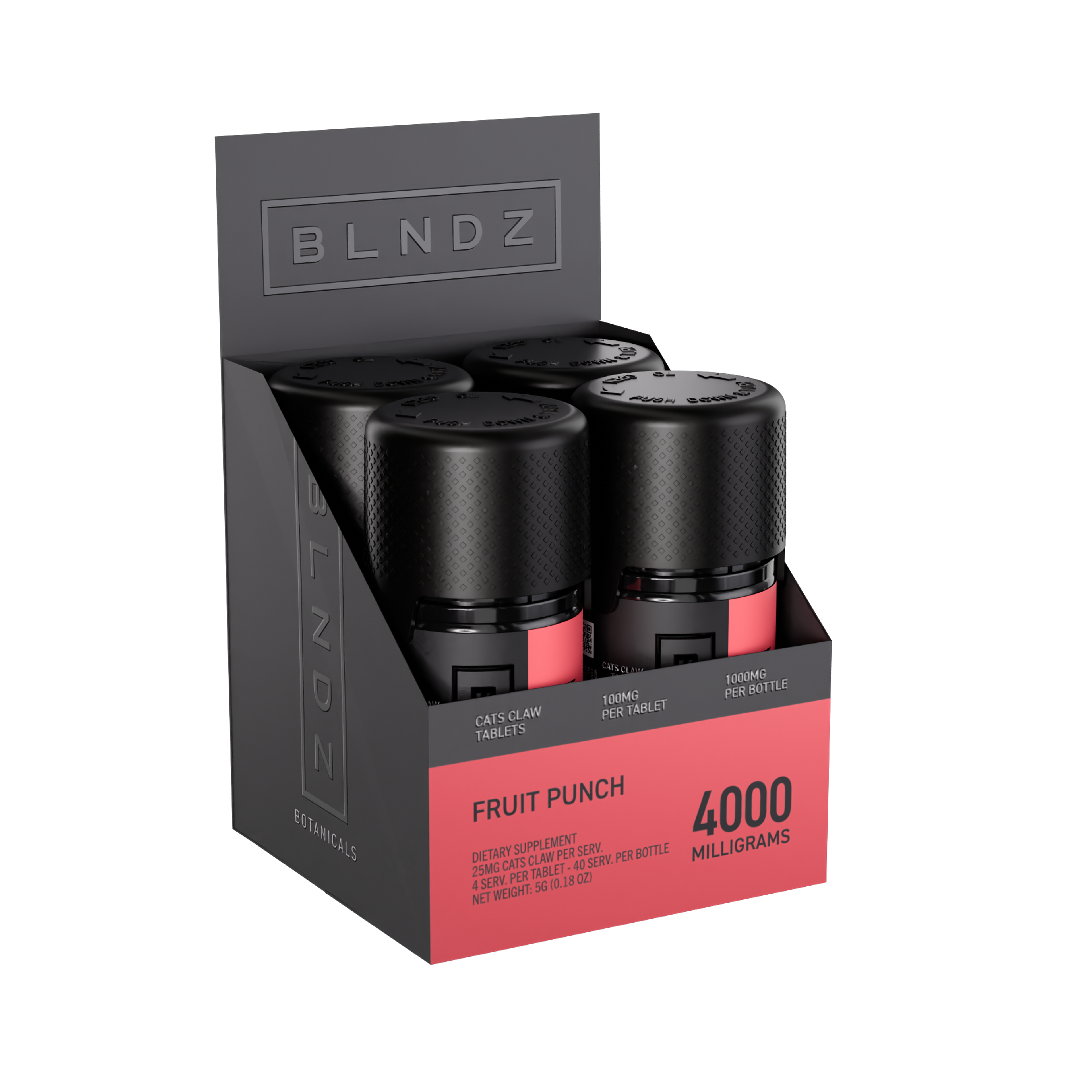 BLNDZ Botanicals 100MG Cats Claw Pill Bottle — Fruit Punch CDU-2 3-4 Angled Front View (Left)