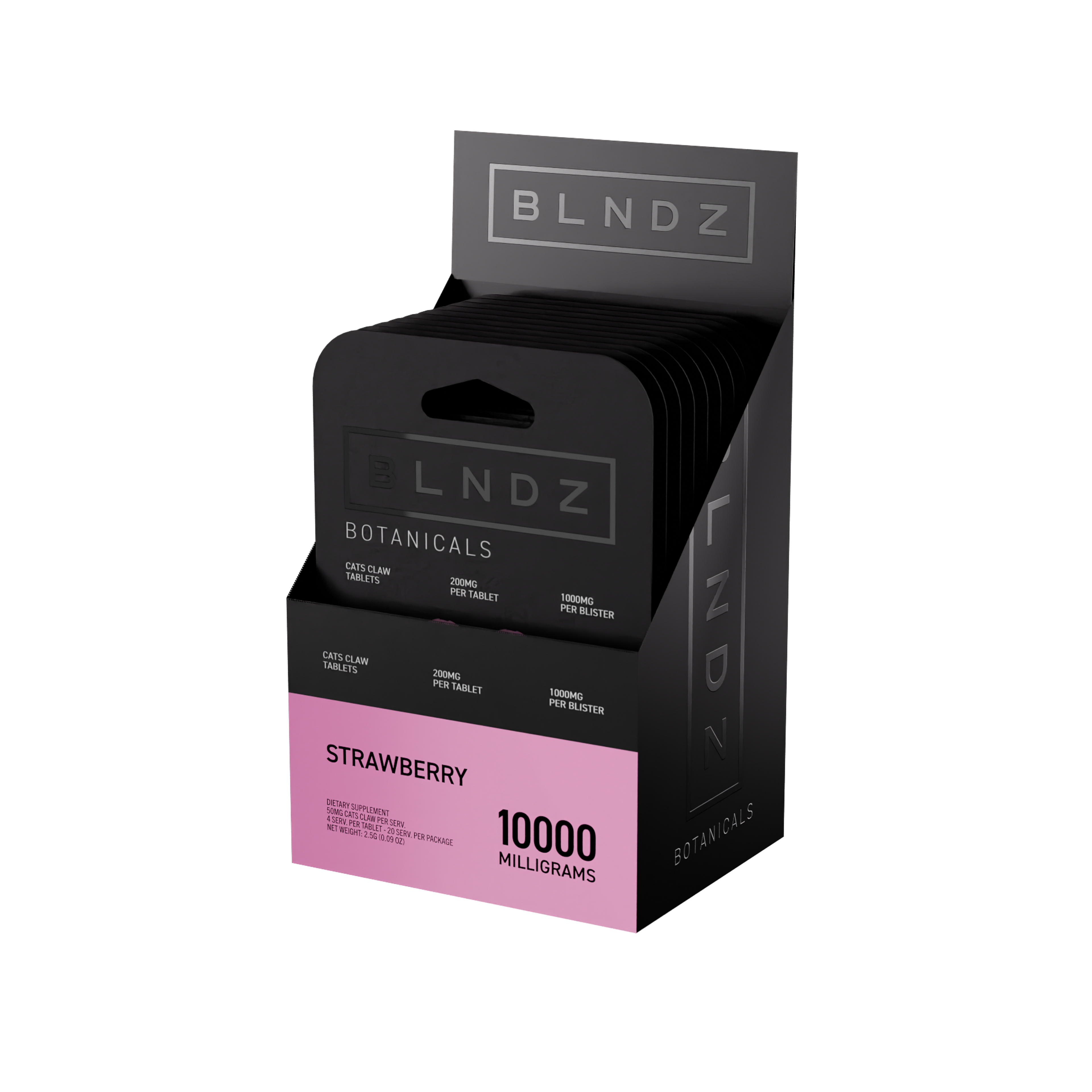 BLNDZ Botanicals 200MG Cats Claw Blister — Strawberry CDU-2 3-4 Angled Front View (Right)