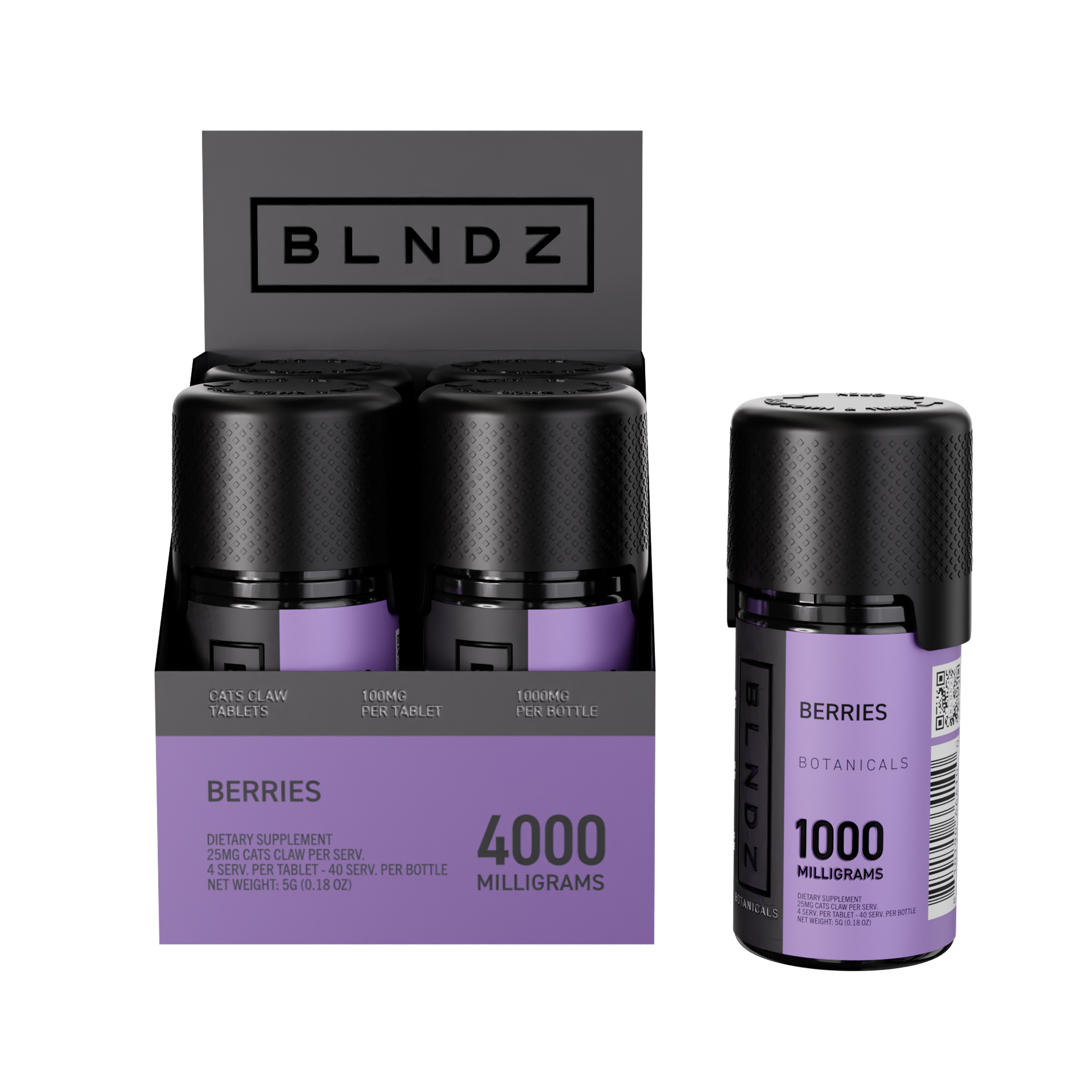 BLNDZ Botanicals 100MG Cats Claw Pill Bottle — Berries CDU-1 Front-Facing Shot