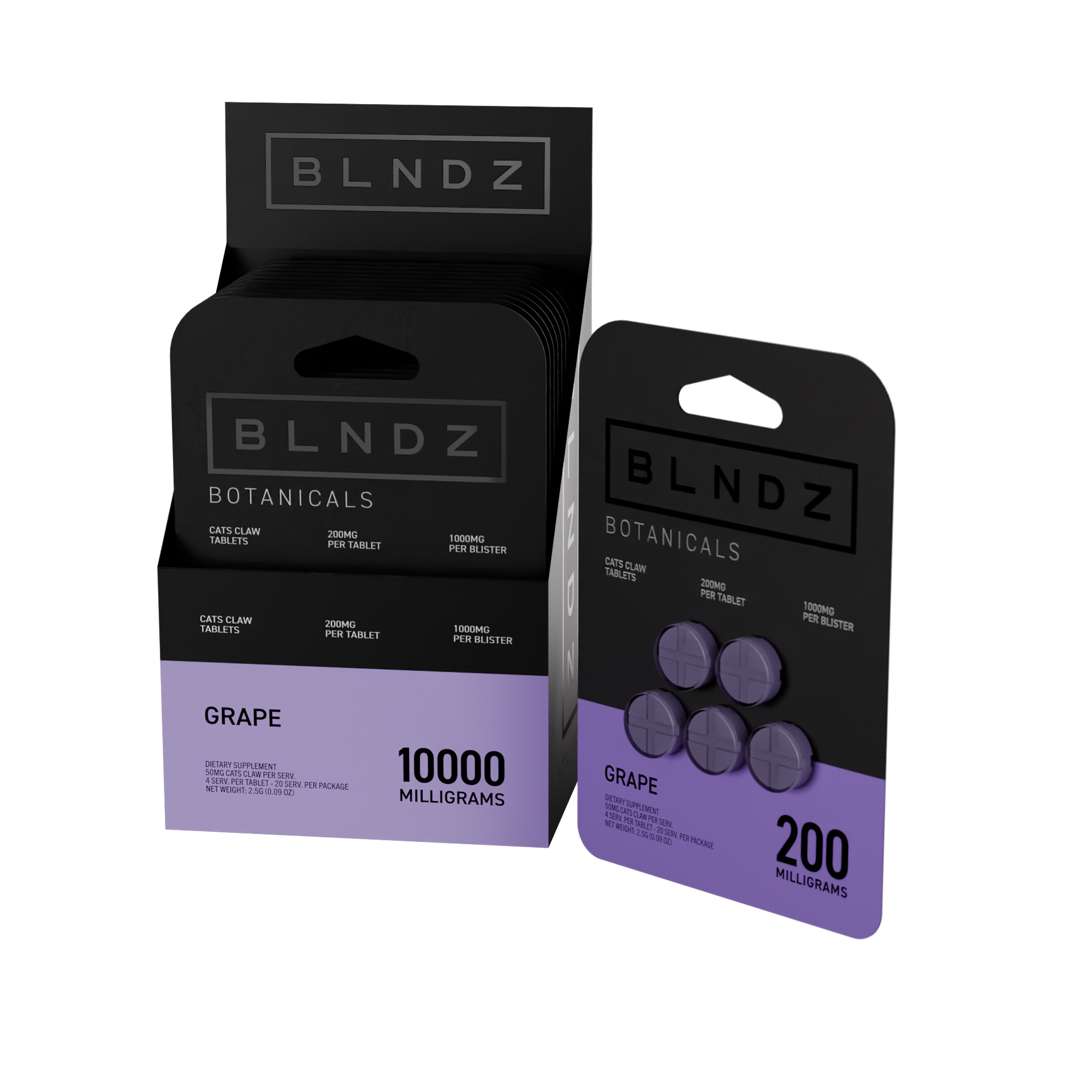 BLNDZ Botanicals 200MG Cats Claw Blister — Grape CDU-1 3-4 Angled Front View (Right)