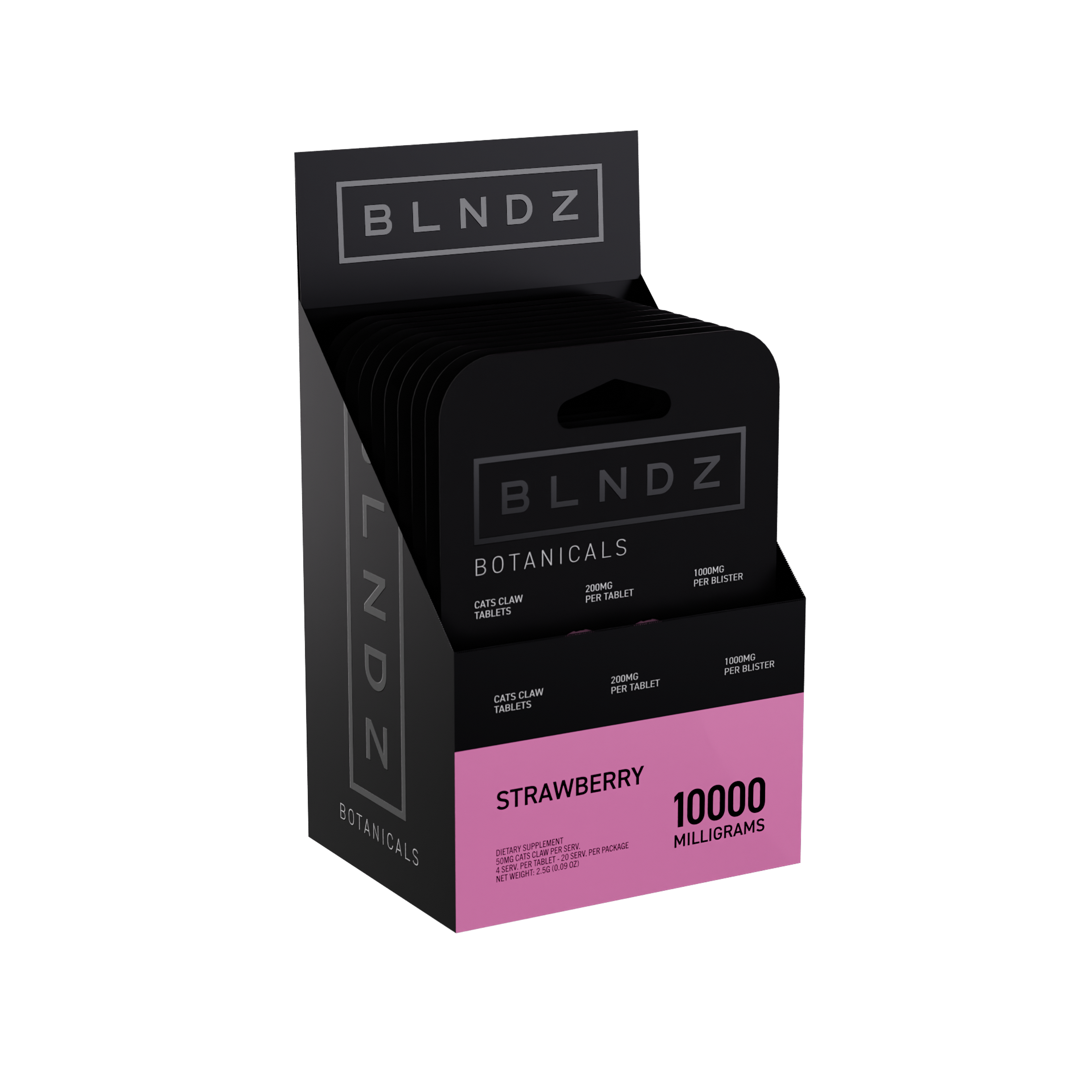 BLNDZ Botanicals 200MG Cats Claw Blister — Strawberry CDU-2 3-4 Angled Front View (Left)