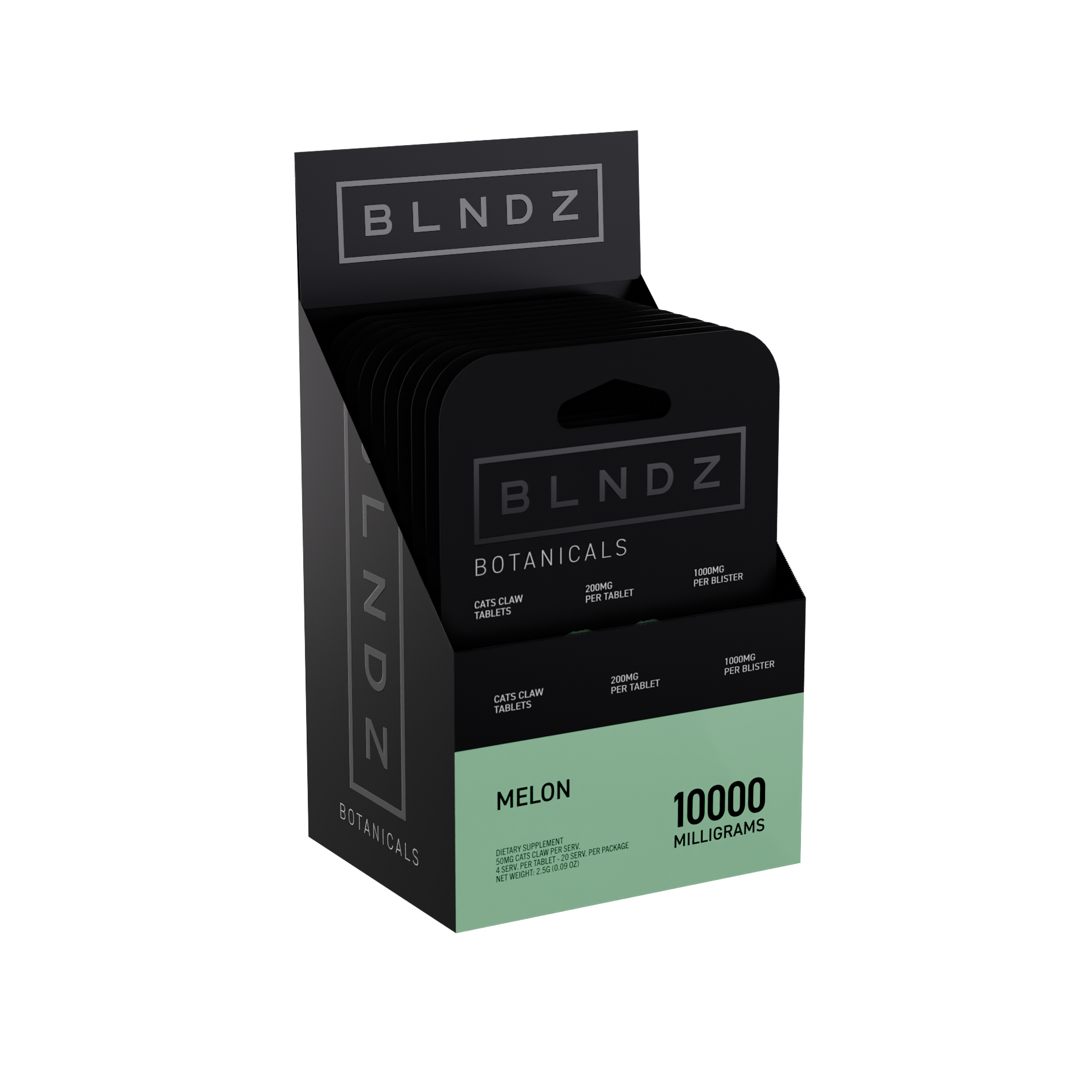 BLNDZ Botanicals 200MG Cats Claw Blister — Melon CDU-2 3-4 Angled Front View (Left)