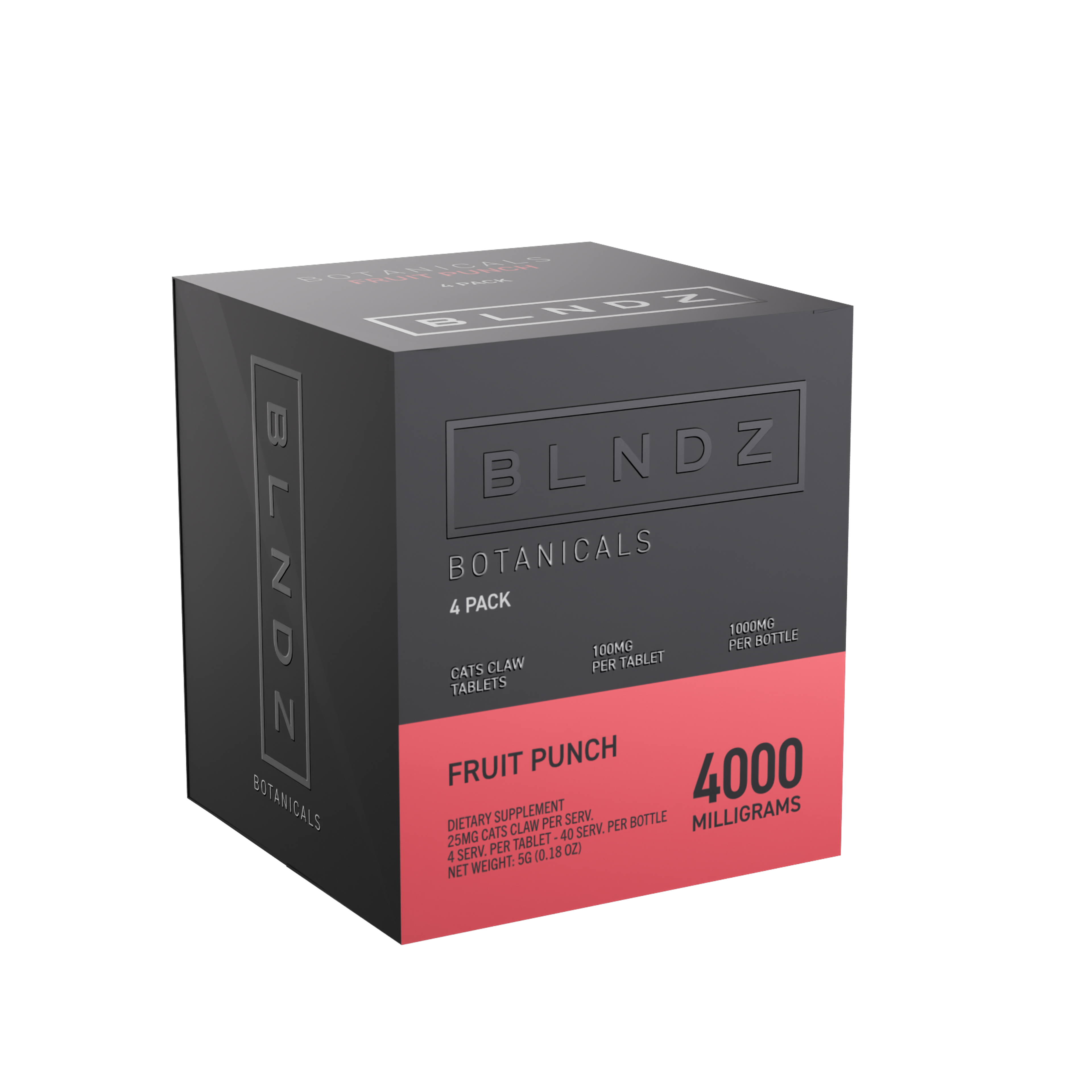 BLNDZ Botanicals 100MG Cats Claw Pill Bottle — Fruit Punch CDU-3 3-4 Angled Front View (Left)