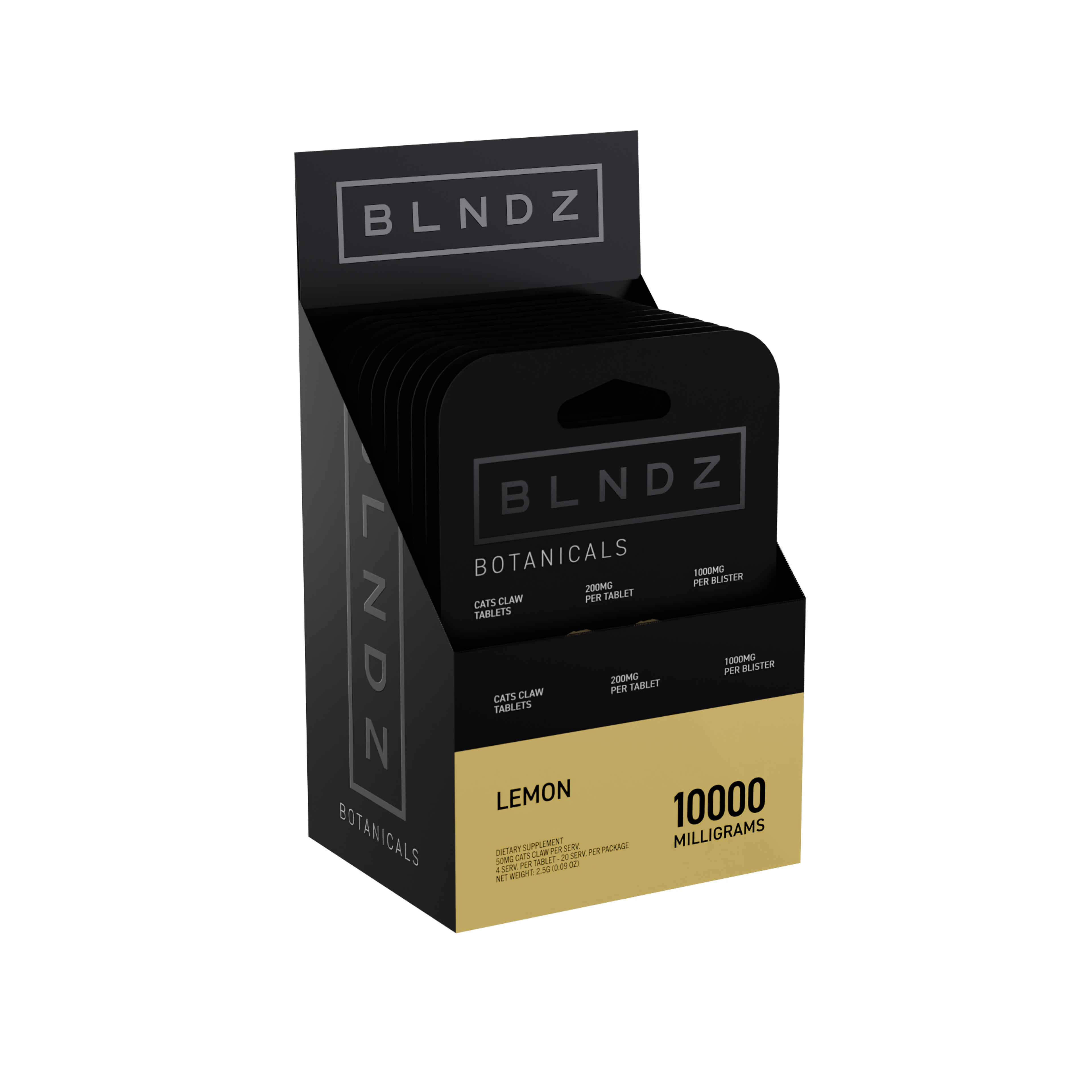 BLNDZ Botanicals 200MG Cats Claw Blister — Lemon CDU-2 3-4 Angled Front View (Left)