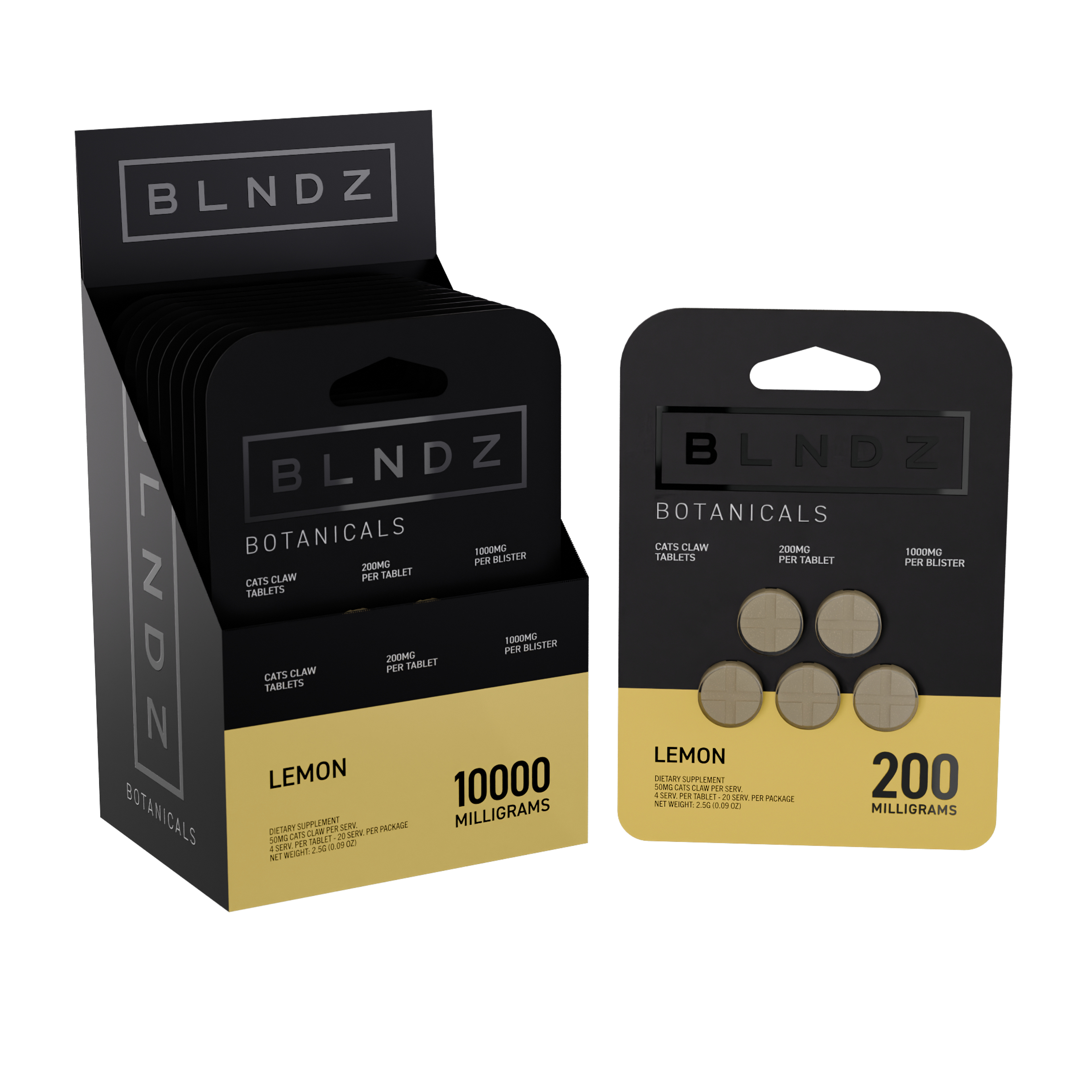 BLNDZ Botanicals 200MG Cats Claw Blister — Lemon CDU-1 3-4 Angled Front View (Left)