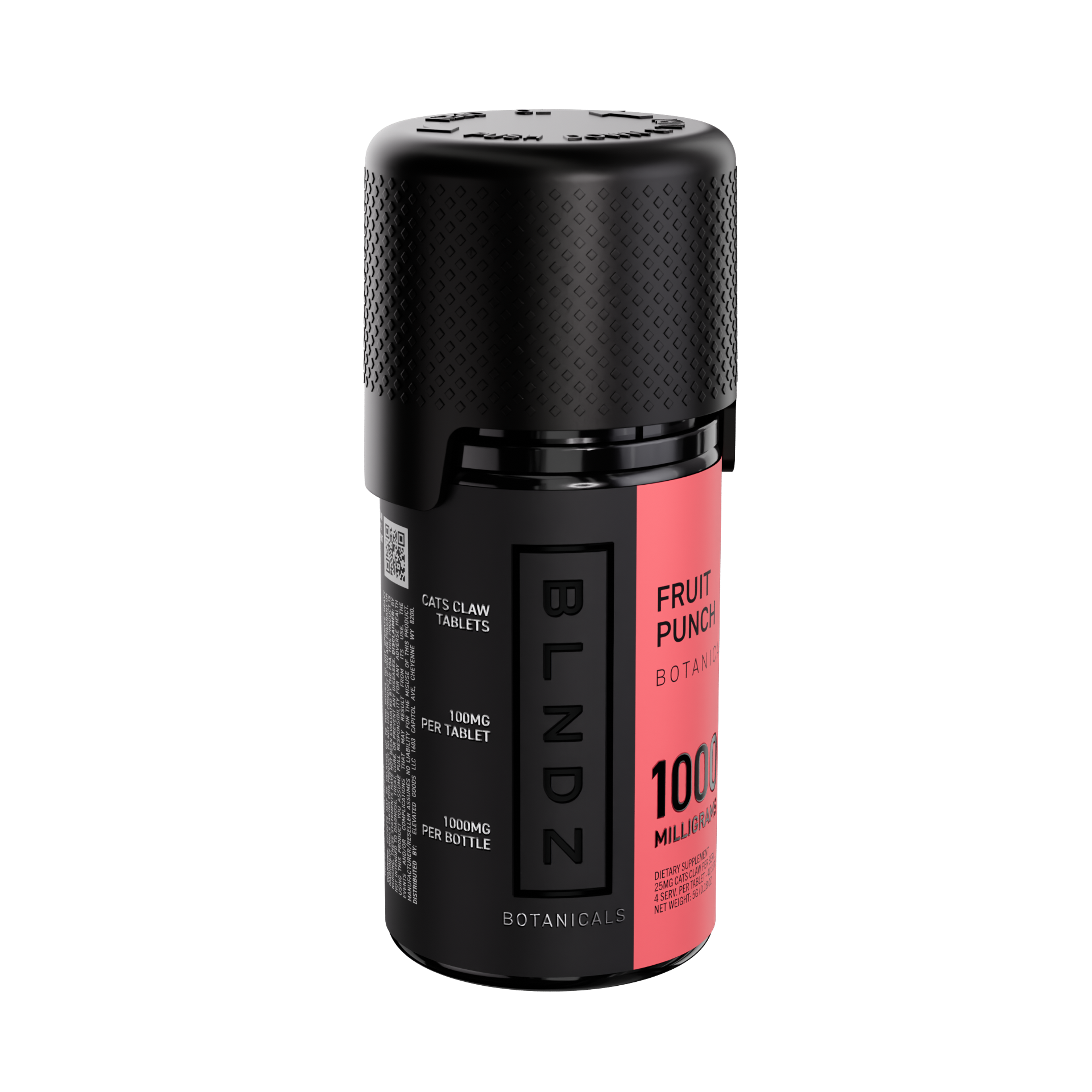 BLNDZ Botanicals 100MG Cats Claw Pill Bottle — Fruit Punch Left Angle