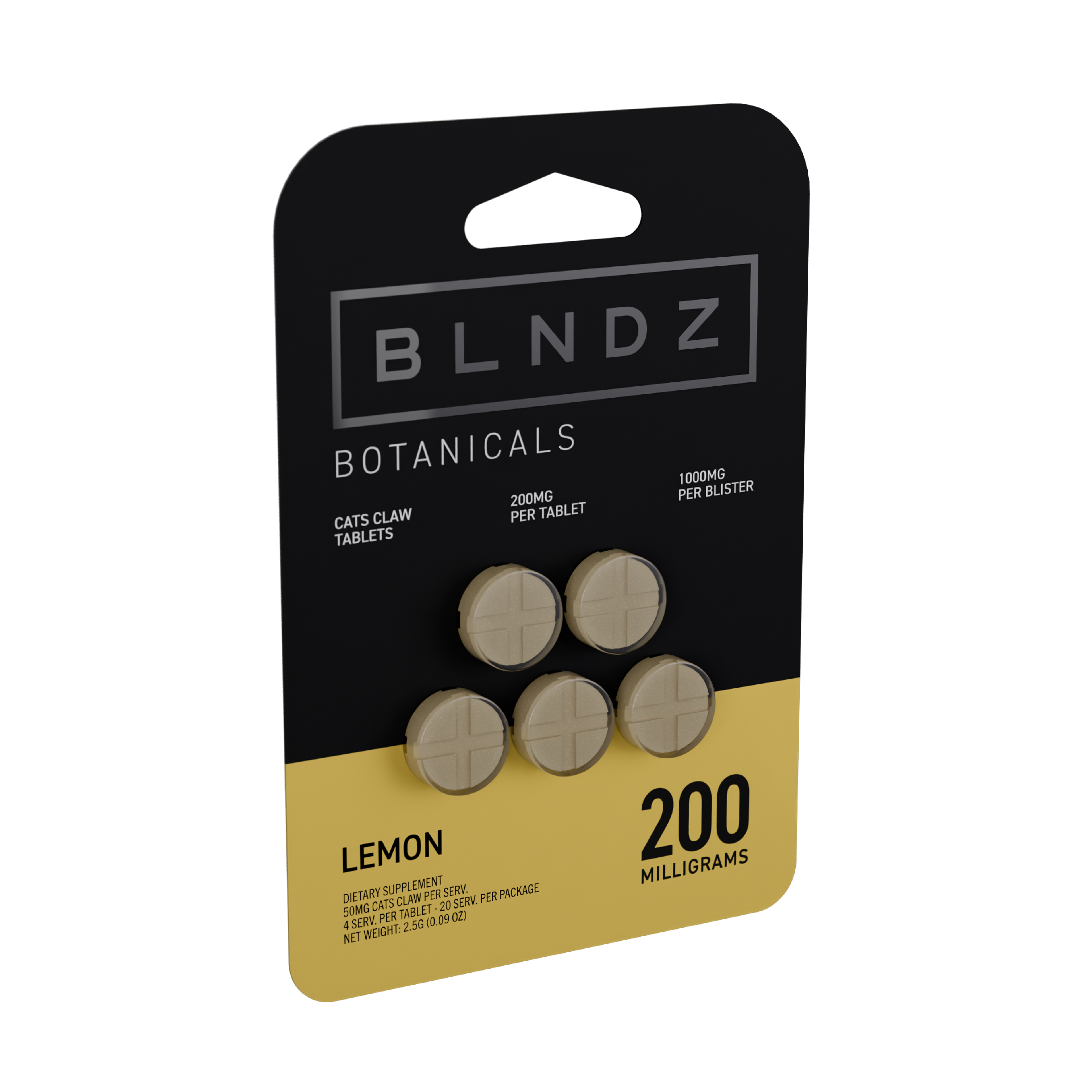 BLNDZ Botanicals 200MG Cats Claw Blister — Lemon IDV 3-4 Angled Front View (Left)