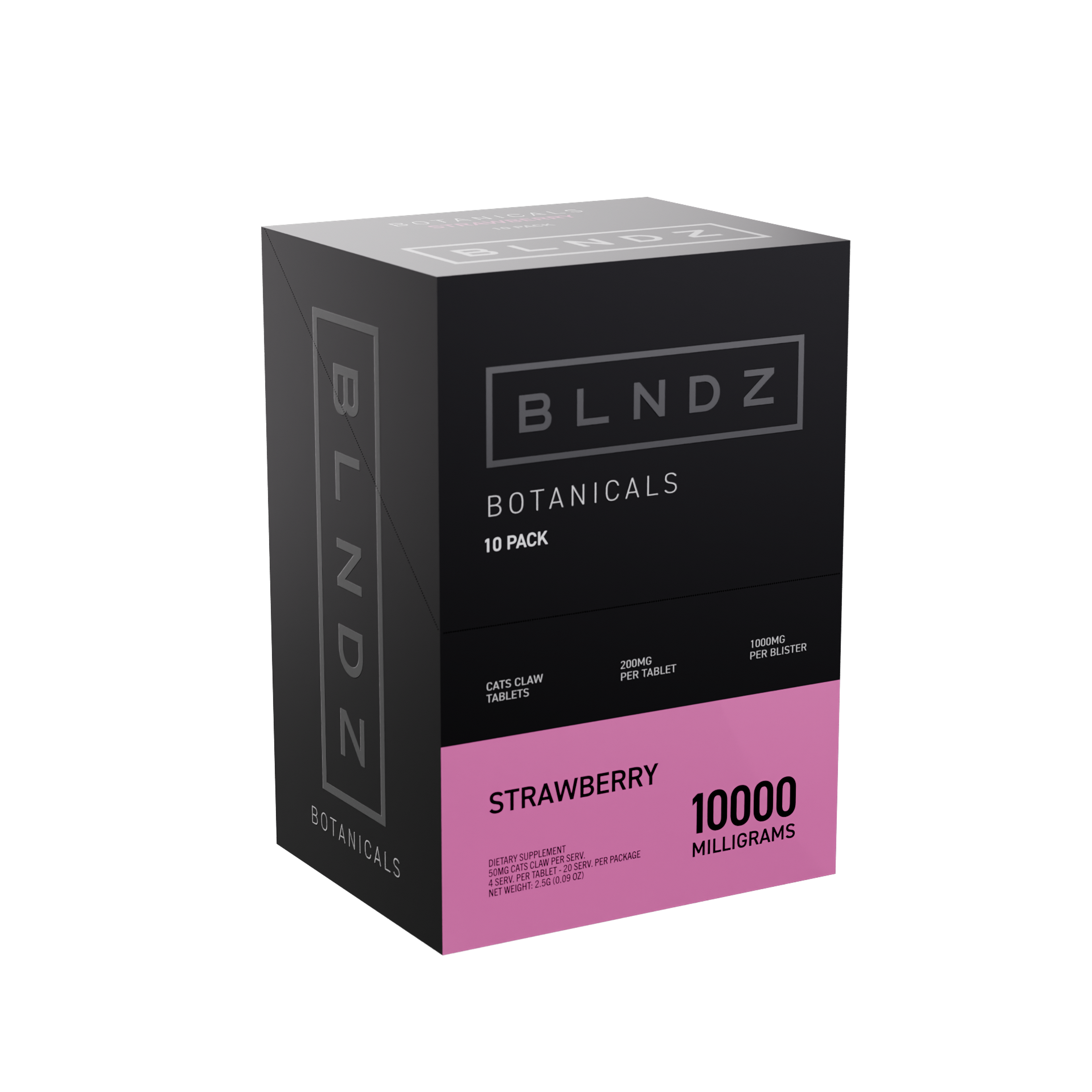 BLNDZ Botanicals 200MG Cats Claw Blister — Strawberry CDU-3 3-4 Angled Front View (Left)