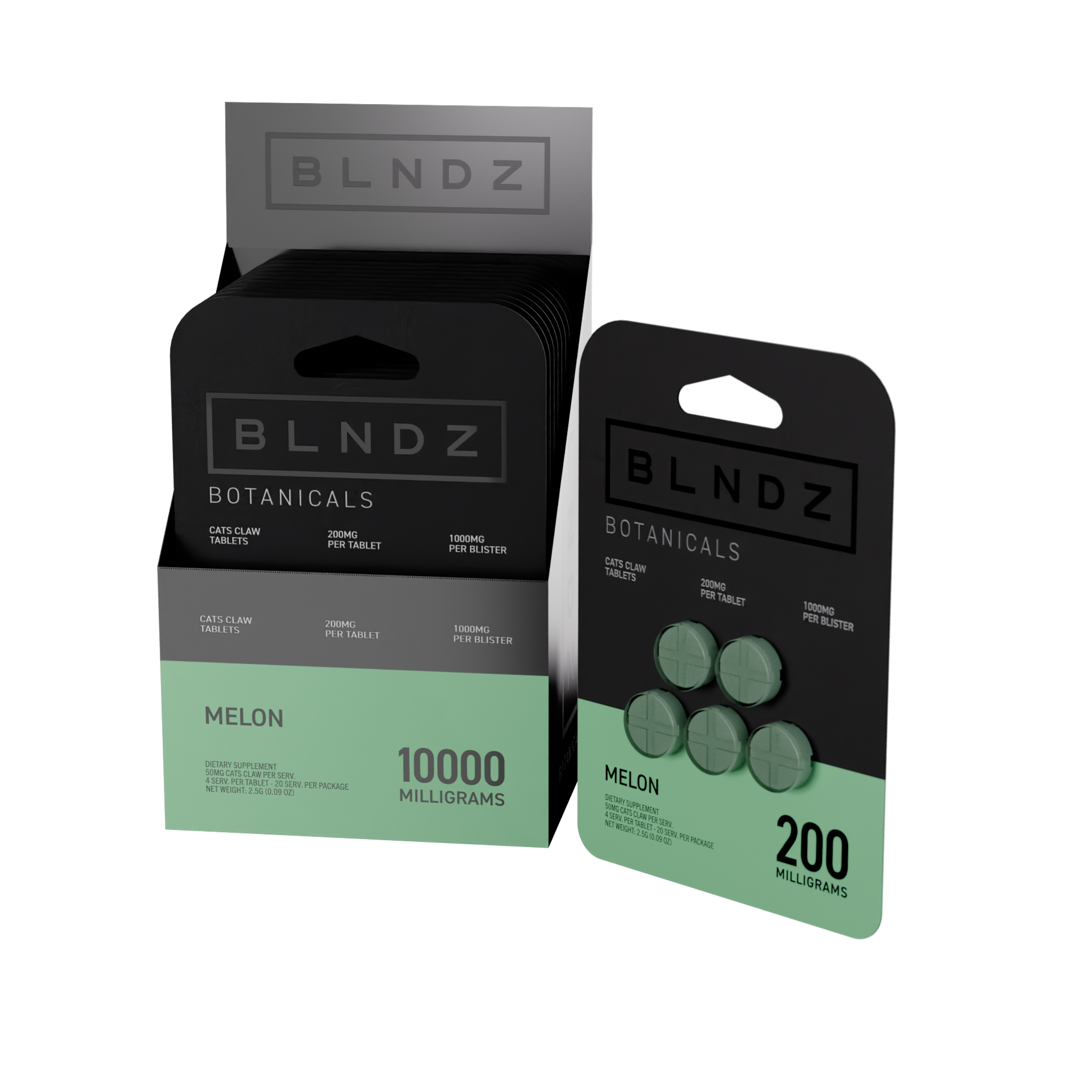 BLNDZ Botanicals 200MG Cats Claw Blister — Melon CDU-1 3-4 Angled Front View (Right)