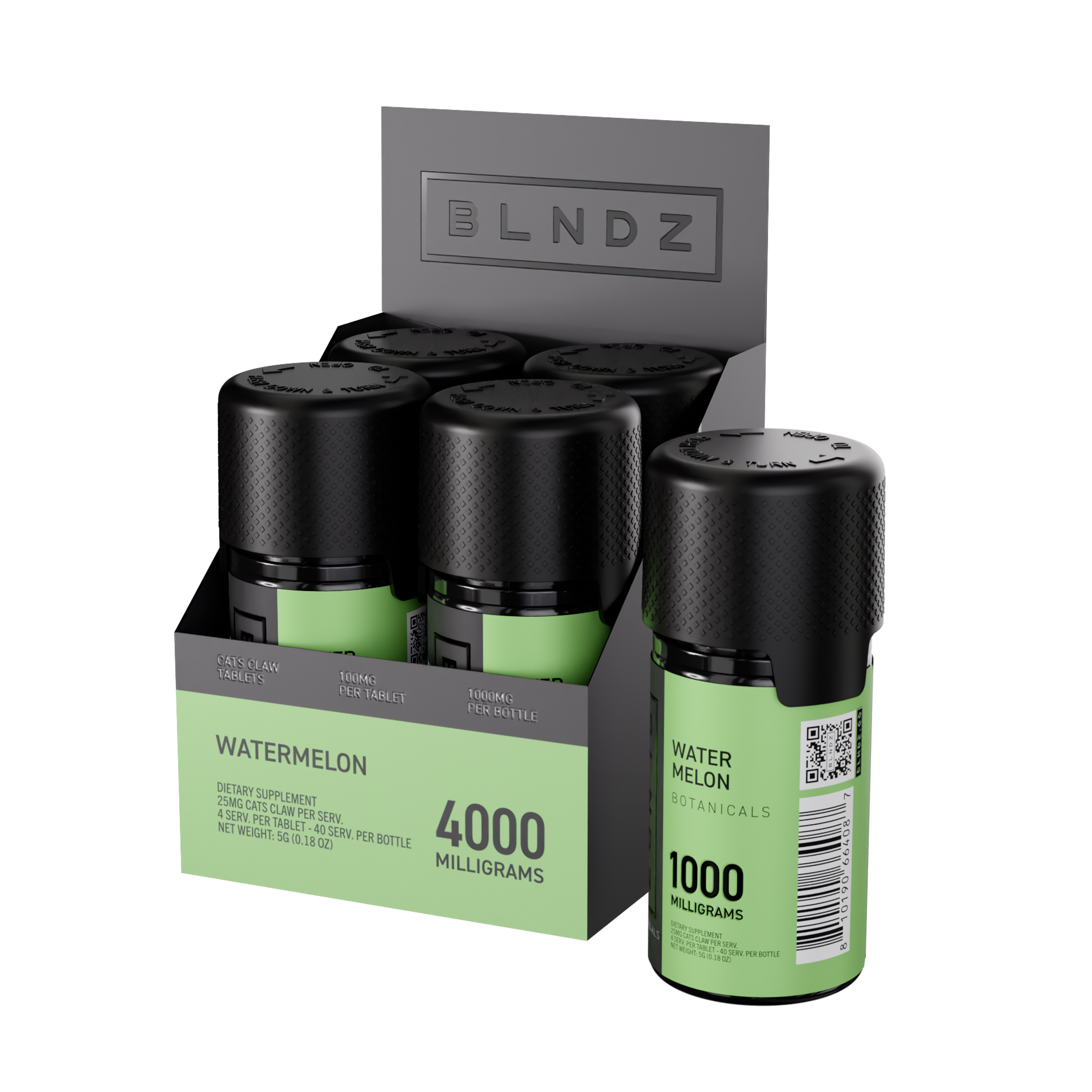 BLNDZ Botanicals 100MG Cats Claw Pill Bottle — Watermelon CDU-1 3-4 Angled Front View (Right)