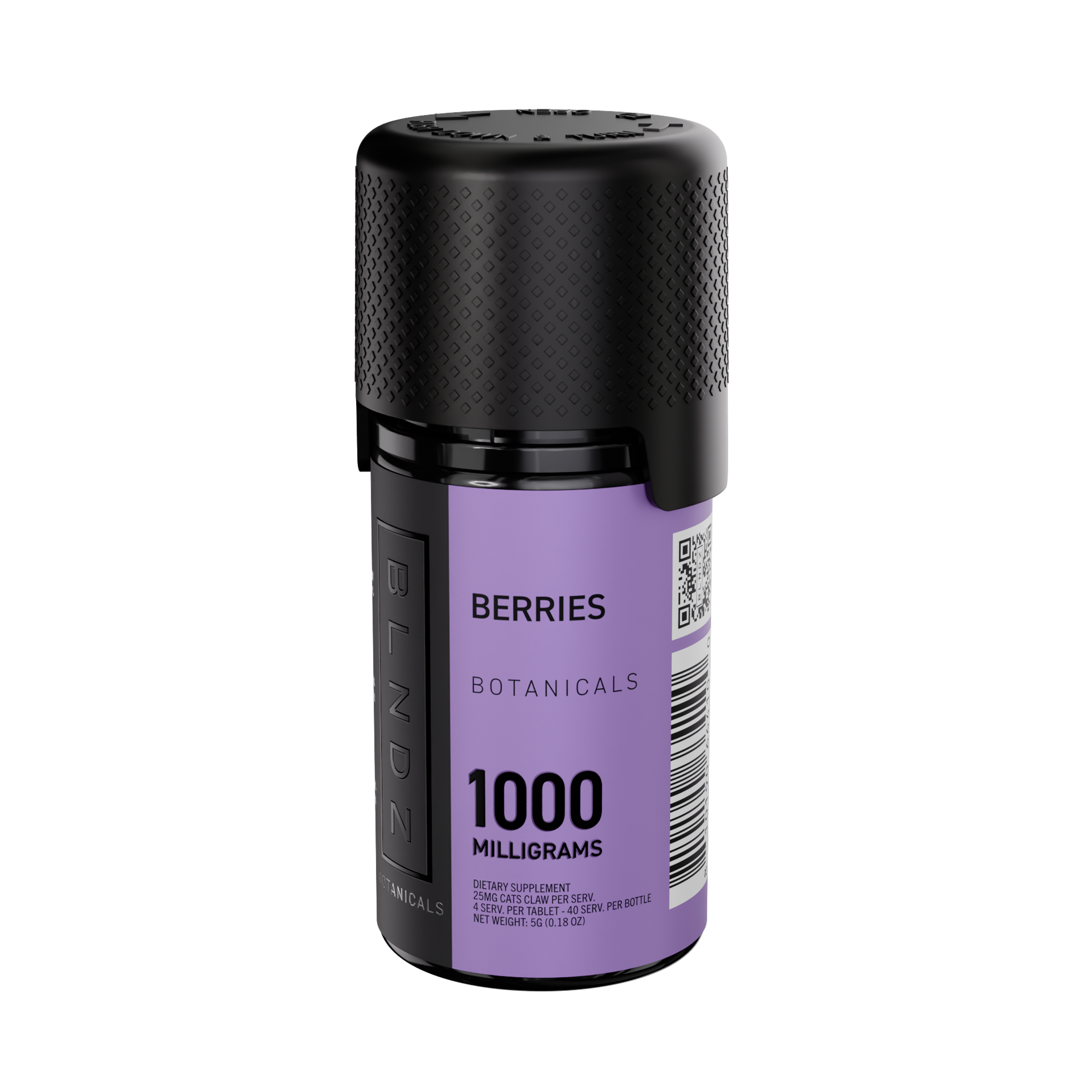 BLNDZ Botanicals 100MG Cats Claw Pill Bottle — Berries Right Angle