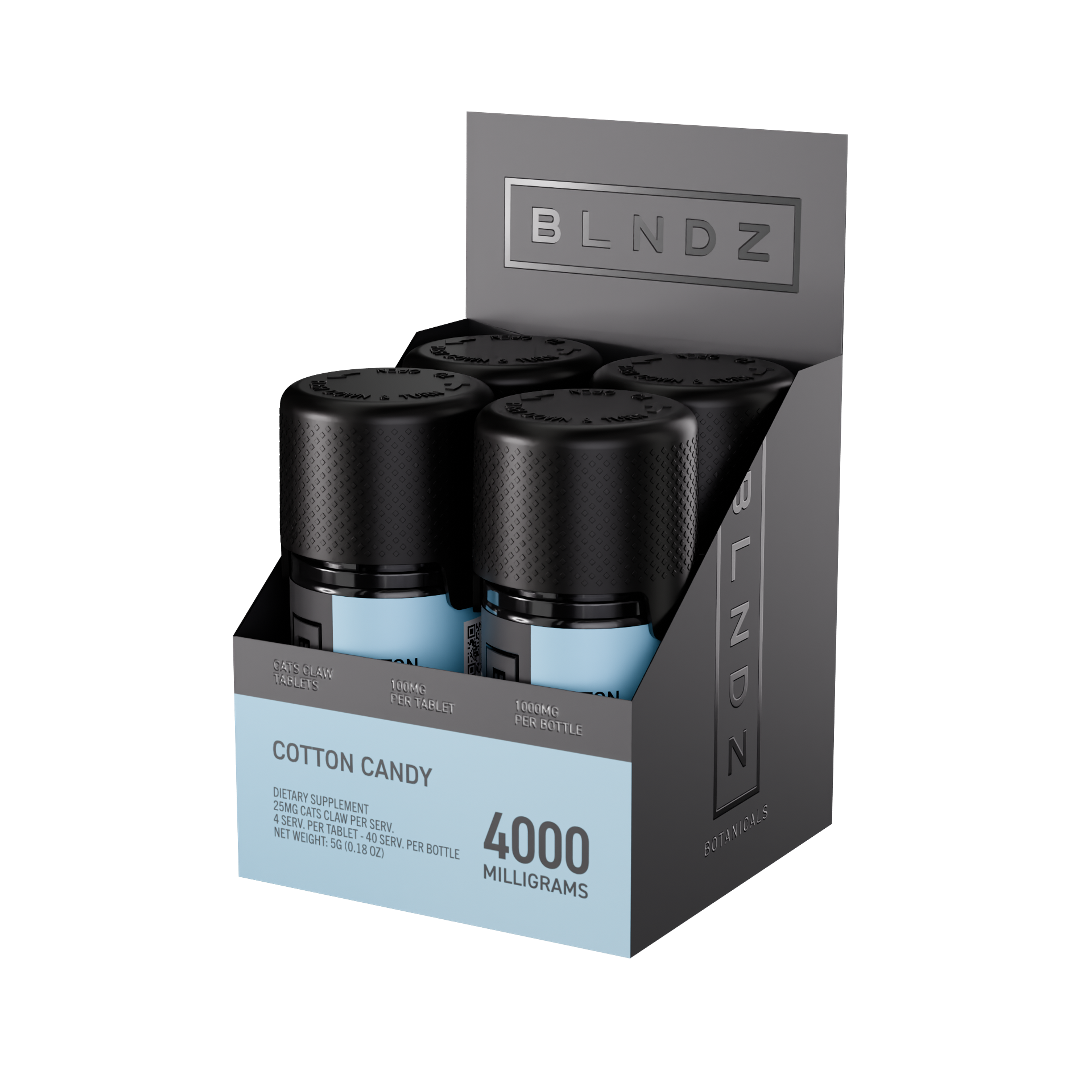 BLNDZ Botanicals 100MG Cats Claw Pill Bottle — Cotton Candy CDU-2 3-4 Angled Front View (Right)