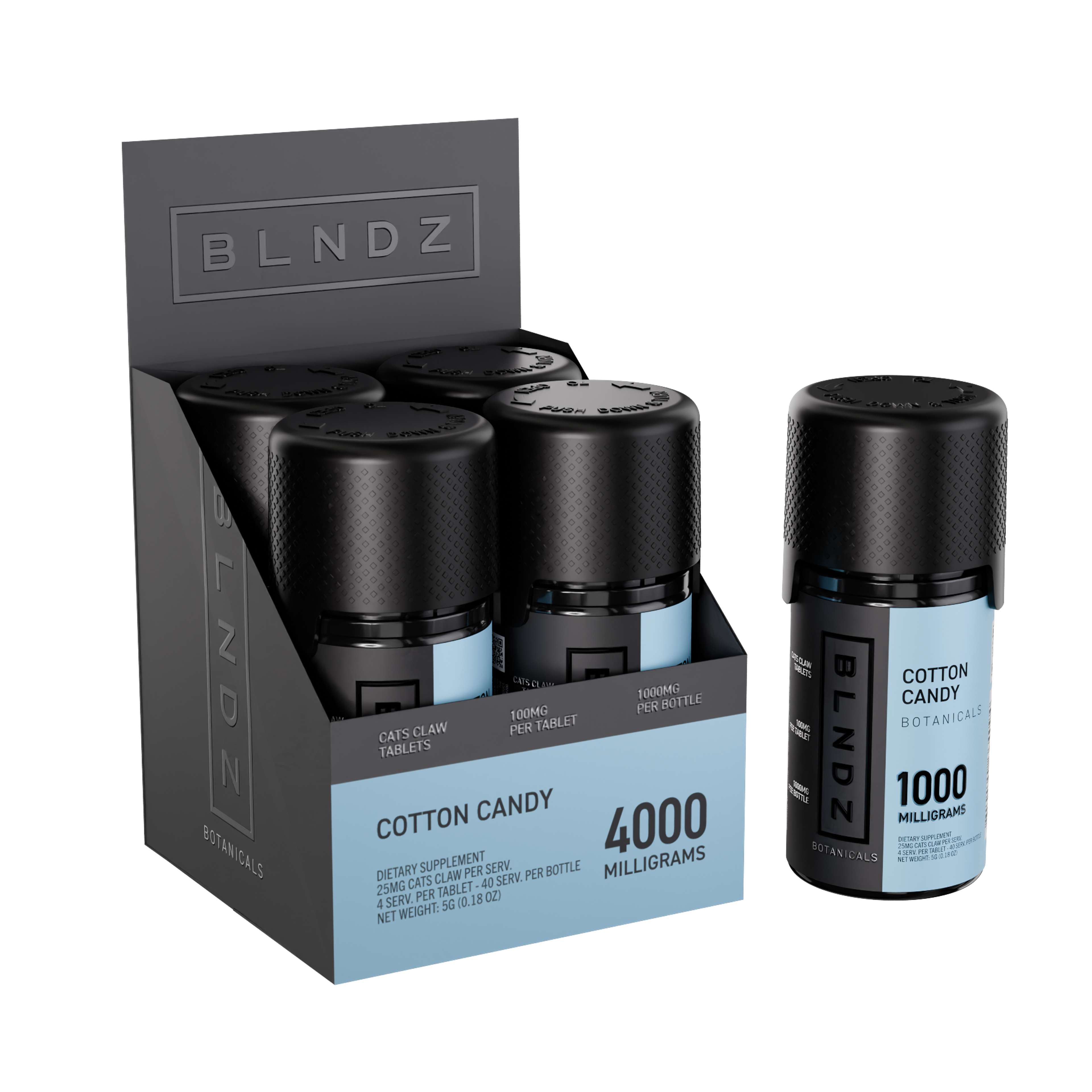 BLNDZ Botanicals 100MG Cats Claw Pill Bottle — Cotton Candy CDU-1 3-4 Angled Front View (Left)