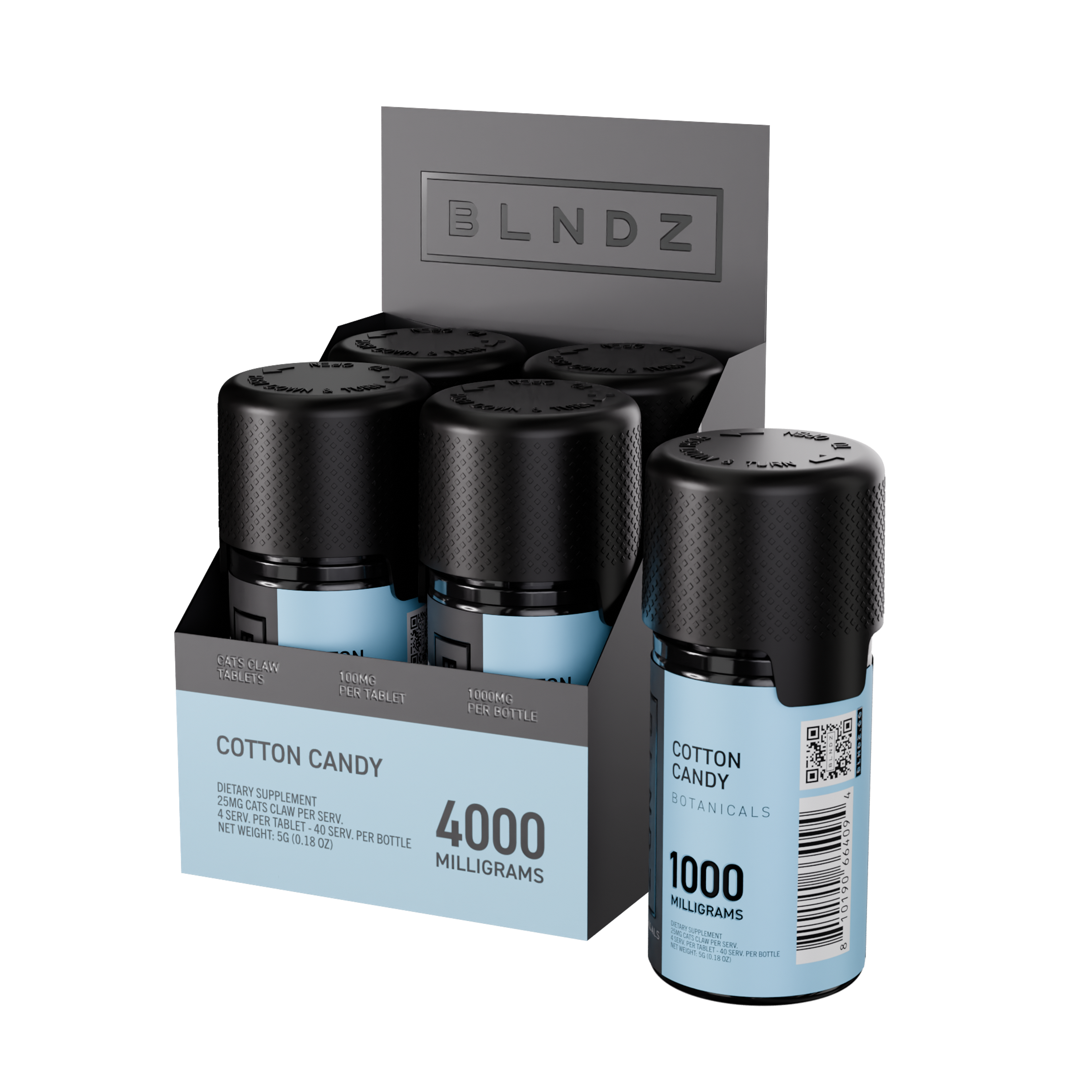 BLNDZ Botanicals 100MG Cats Claw Pill Bottle — Cotton Candy CDU-1 3-4 Angled Front View (Right)