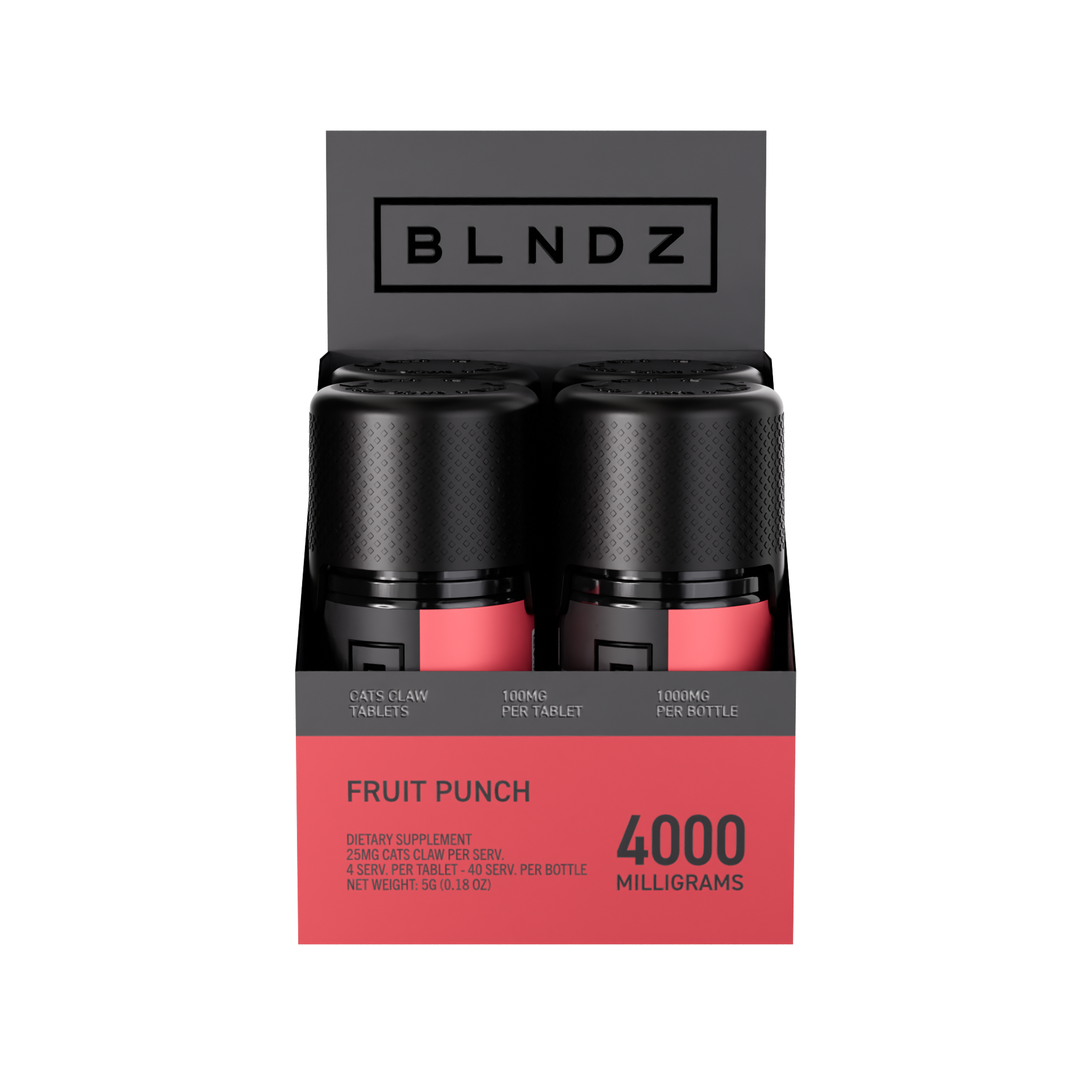 BLNDZ Botanicals 100MG Cats Claw Pill Bottle — Fruit Punch CDU-2 Front-Facing Shot