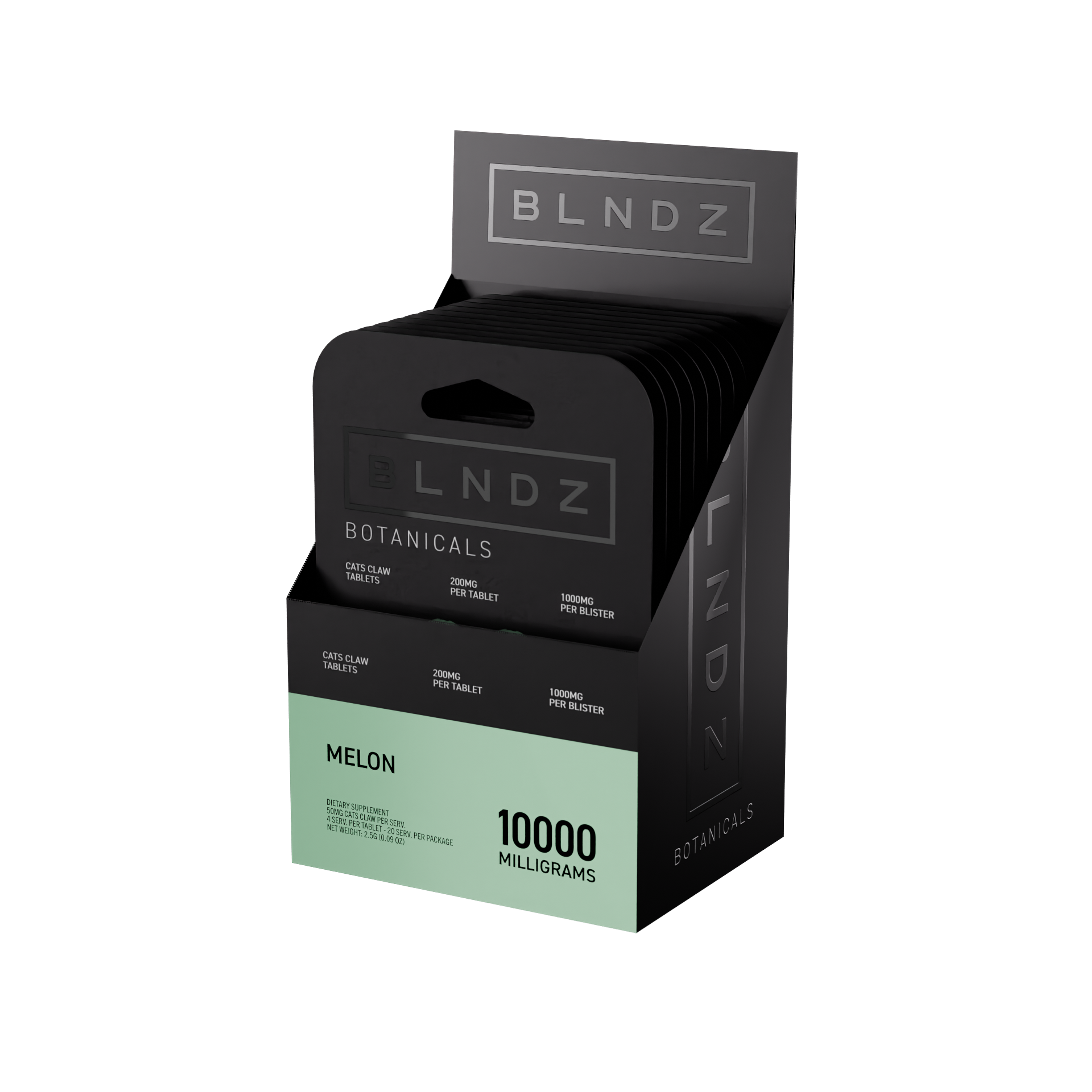 BLNDZ Botanicals 200MG Cats Claw Blister — Melon CDU-2 3-4 Angled Front View (Right)